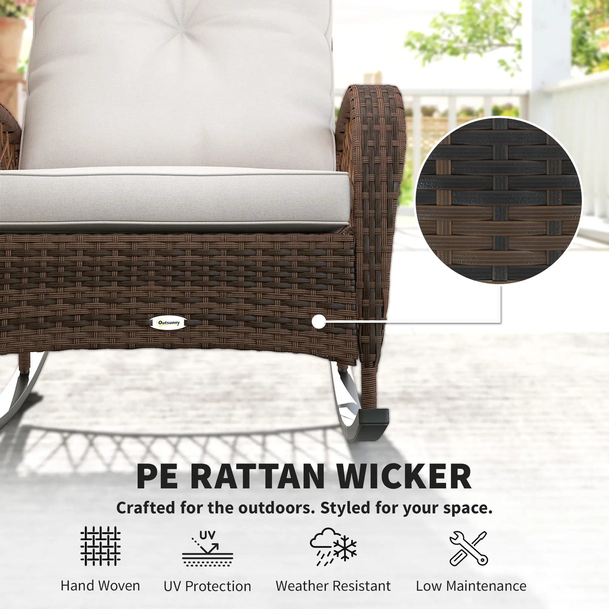 Outdoor Wicker Rattan Rocking Chair, Thick Cushions, Light Mixed Brown Outdoor Rocking Chairs at Gallery Canada