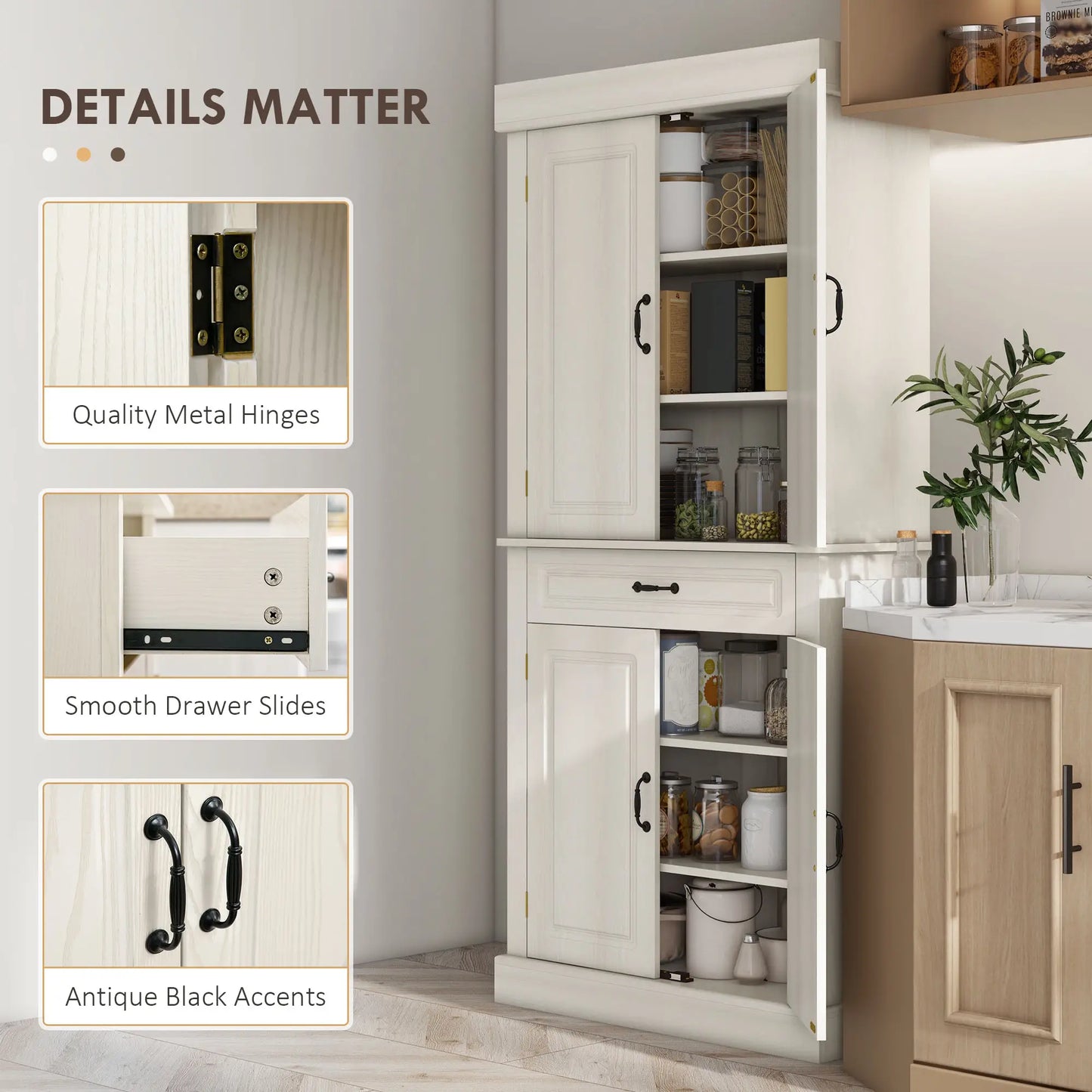 71" Freestanding Kitchen Pantry, 4 Doors 2 Cabinets, Distressed White, White