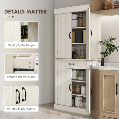 71" Freestanding Kitchen Pantry, 4 Doors 2 Cabinets, Distressed White, White