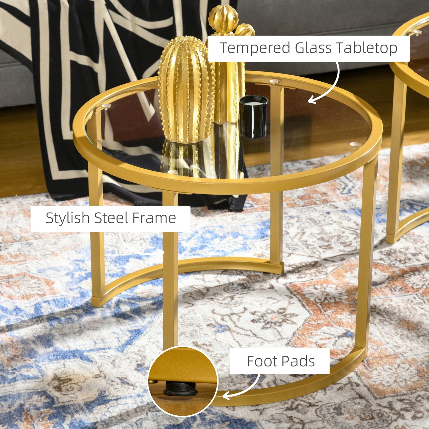 Round Coffee Table Set, Tempered Glass Top, Steel Frame, Gold Coffee Tables at Gallery Canada