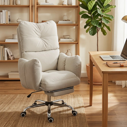 Ergonomic Reclining Office Chair with Foot Rest, Cream