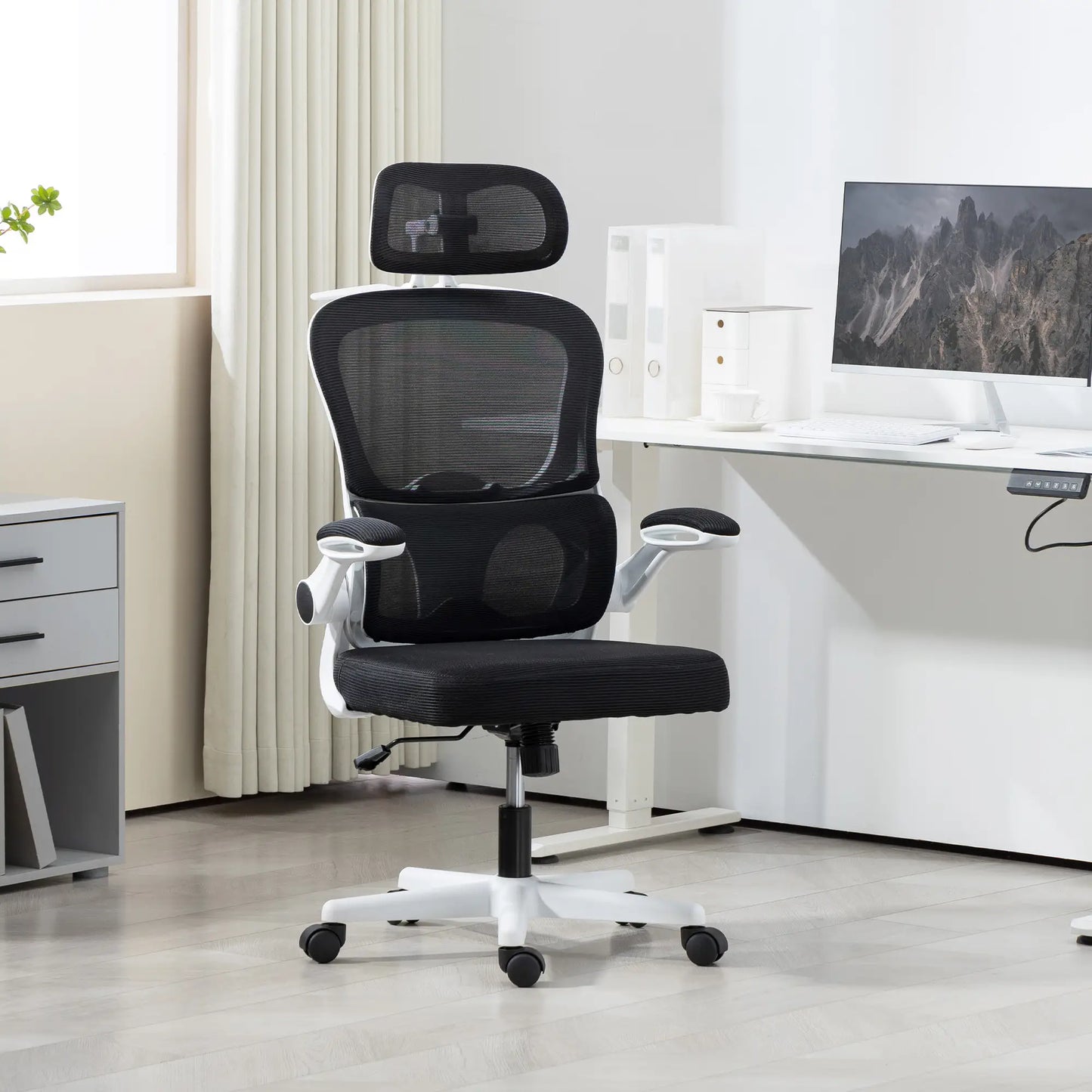 Mesh Office Chair, Ergonomic Desk Chair, Flip-Up Armrest, Adjustable Lumbar Support, Black Office Chairs at Gallery Canada
