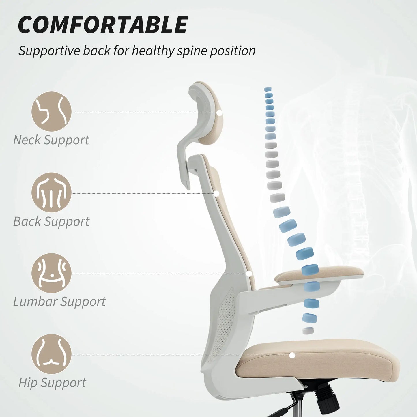 Ergonomic Office Chair, Swivel Desk Chair, Adjustable Lumbar Support, Headrest, Height, Flip-Up Armrests, Beige Task Chairs at Gallery Canada