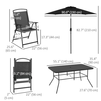 Ensemble de patio de 8 pièces, 6 chaises pliantes, table rectangulaire, salle à manger extérieure, noir