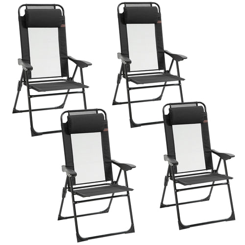 Set of 4 Camping Chairs, Adjustable Backrest, Removable Headrest, Black