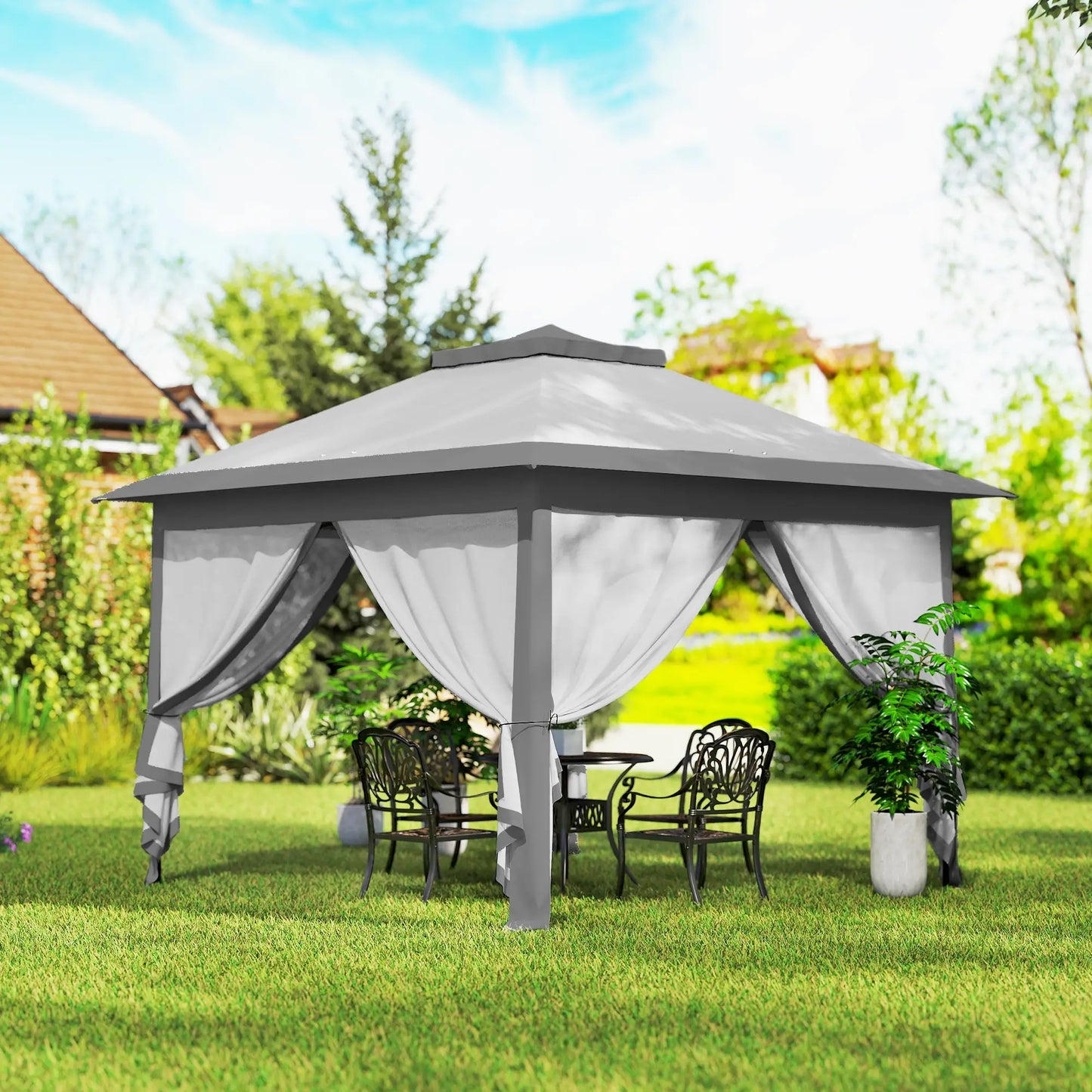 11' x 11' Pop Up Gazebo, Double Roof Foldable Canopy Tent, Grey Pop Up Canopies at Gallery Canada