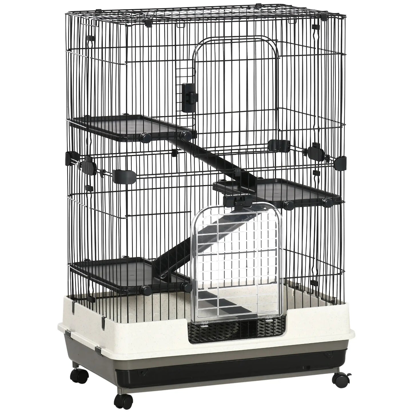 45"H 4-Level Rabbit Hutch, Universal Wheels, Slide-Out Tray, Black Houses & Habitats Black, White, and Grey at Gallery Canada