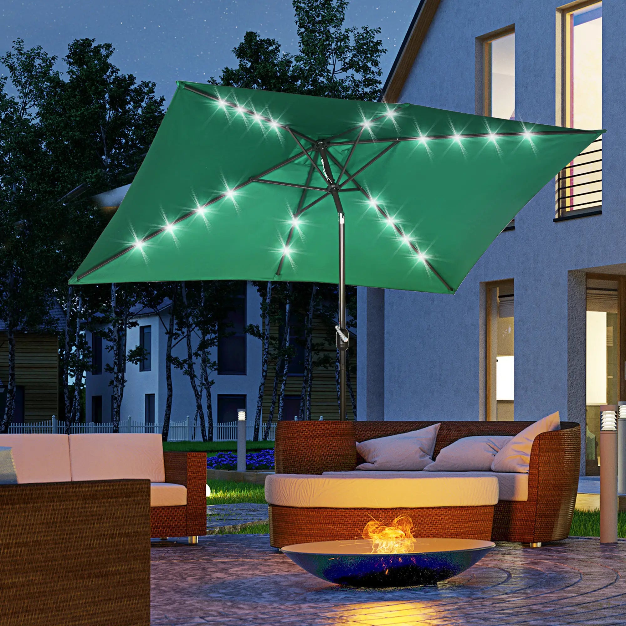 6.5x10ft Solar Powered Rectangle Patio Umbrella, Tilt Aluminum, Dark Green Sun Umbrellas at Gallery Canada