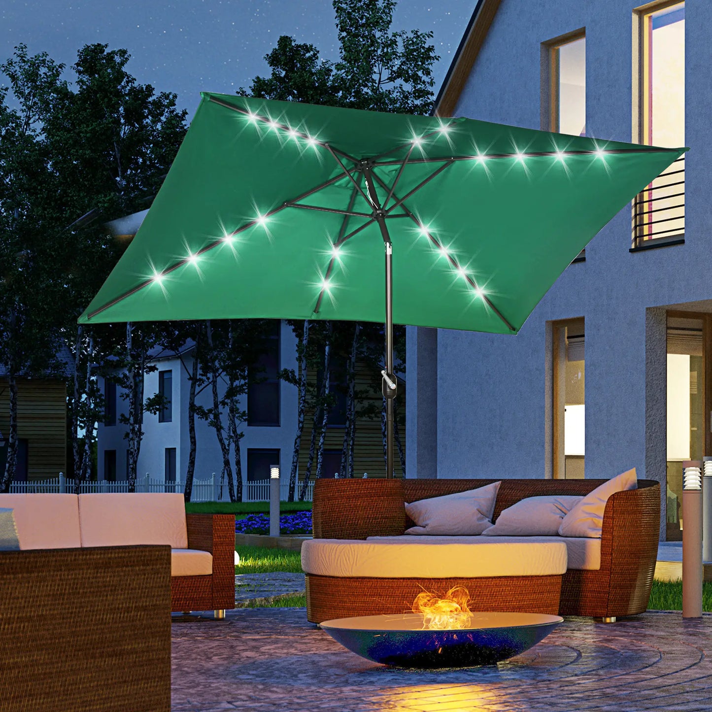 6.5x10ft Solar Powered Rectangle Patio Umbrella, Tilt Aluminum, Dark Green Sun Umbrellas at Gallery Canada
