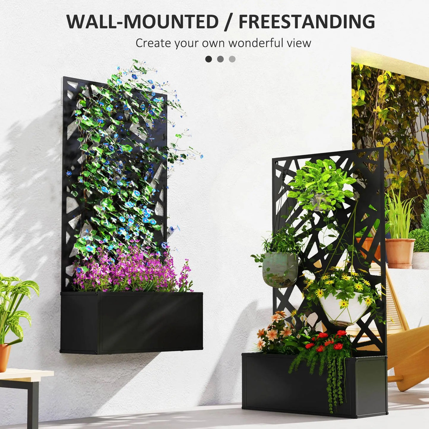 Metal Raised Garden Bed With Trellis, Privacy Panel, Irregular Line Cut-Outs