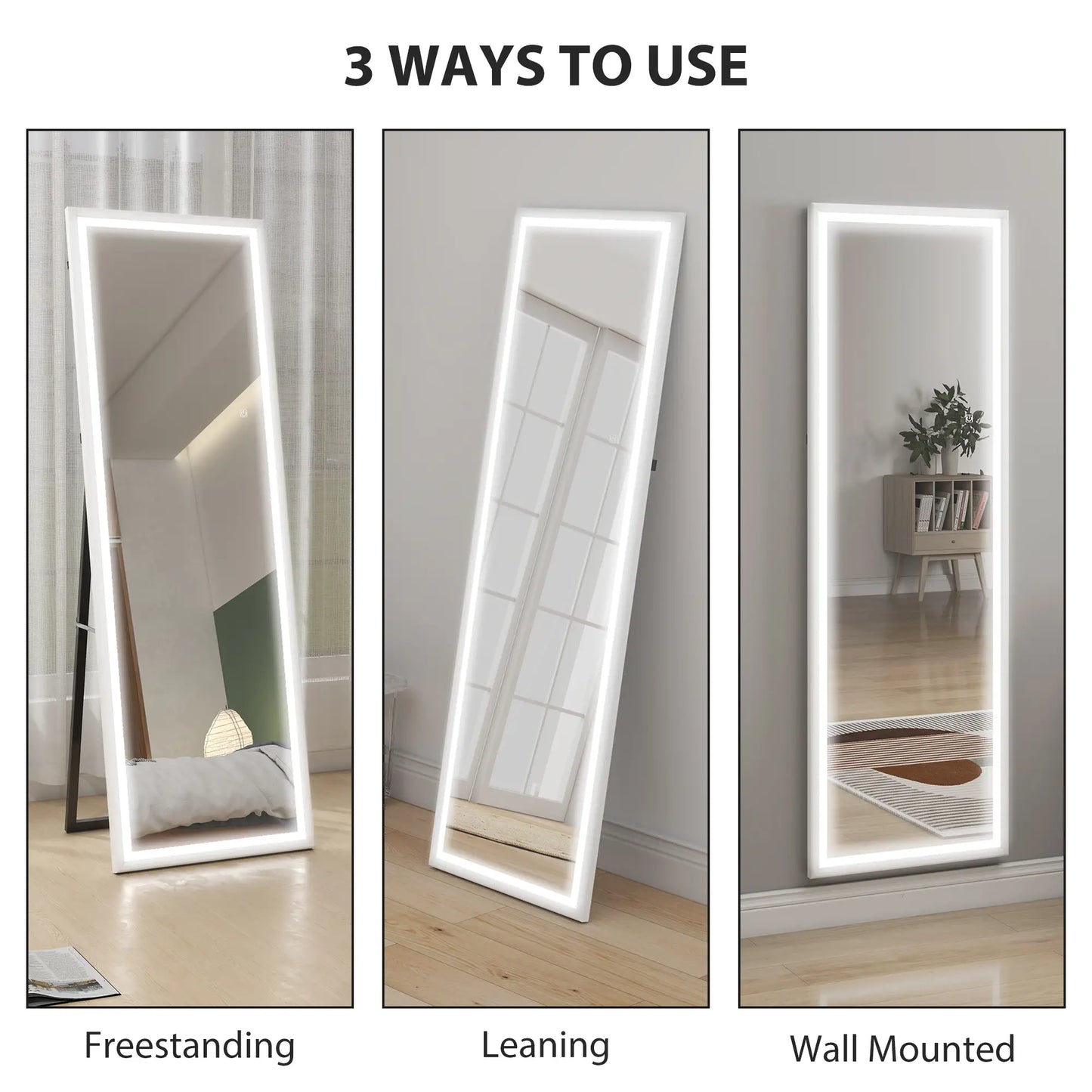 LED Mirror, Dimmable 3 Color Lights, 64" x 21" Rectangular, White Full Length Mirrors at Gallery Canada