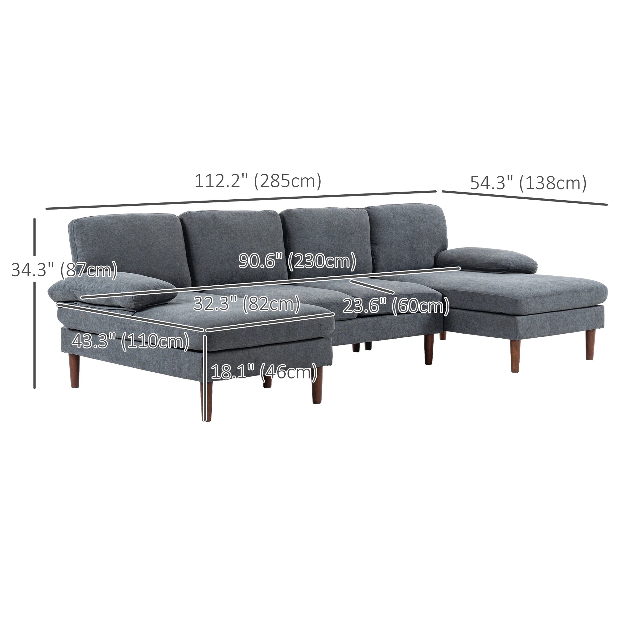 U Shape Couch, Double Chaise Lounge, 4 Seater Sofa, Wooden Legs, Dark Grey 3-Seater Sofas at Gallery Canada