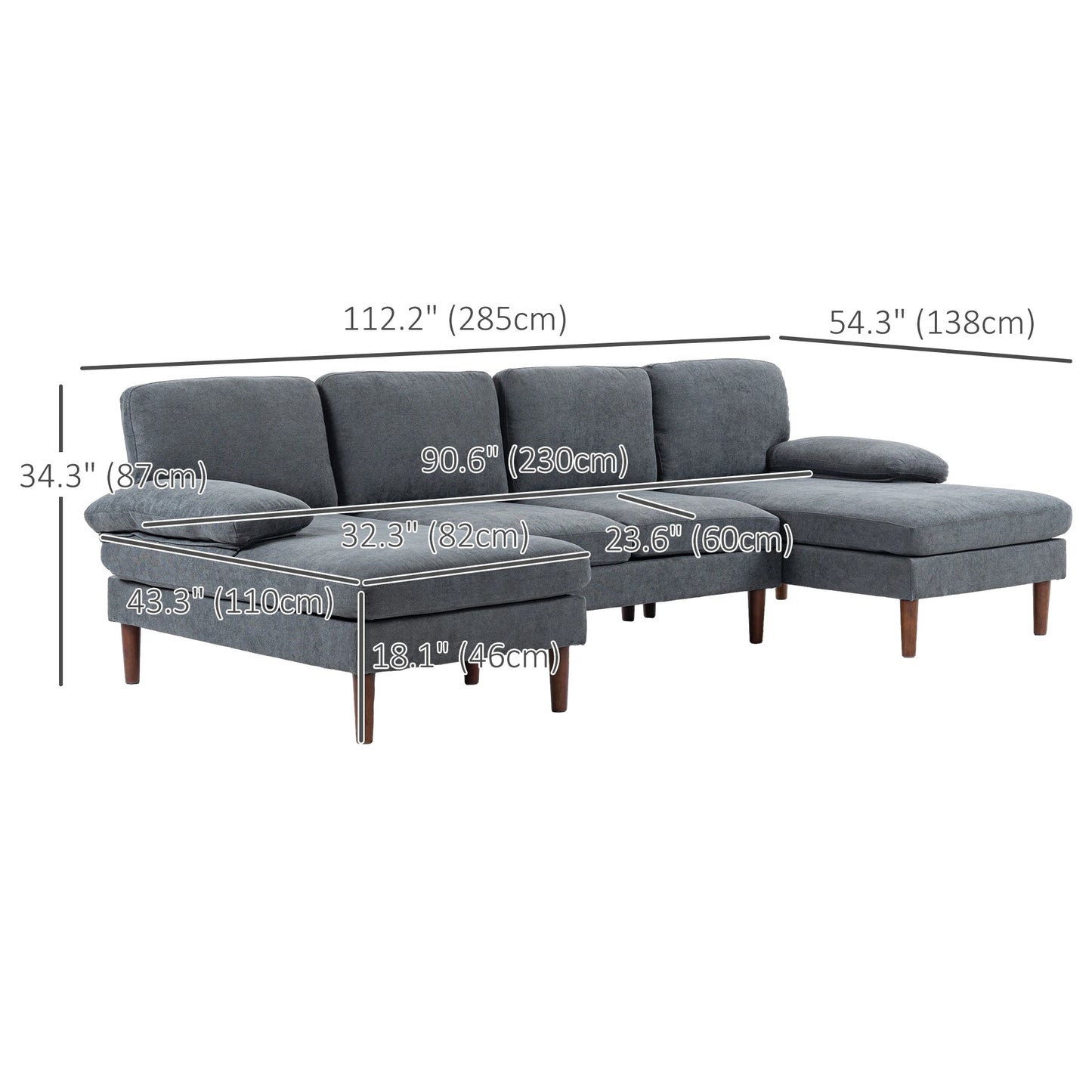 U Shape Couch, Double Chaise Lounge, 4 Seater Sofa, Wooden Legs, Dark Grey 3-Seater Sofas at Gallery Canada