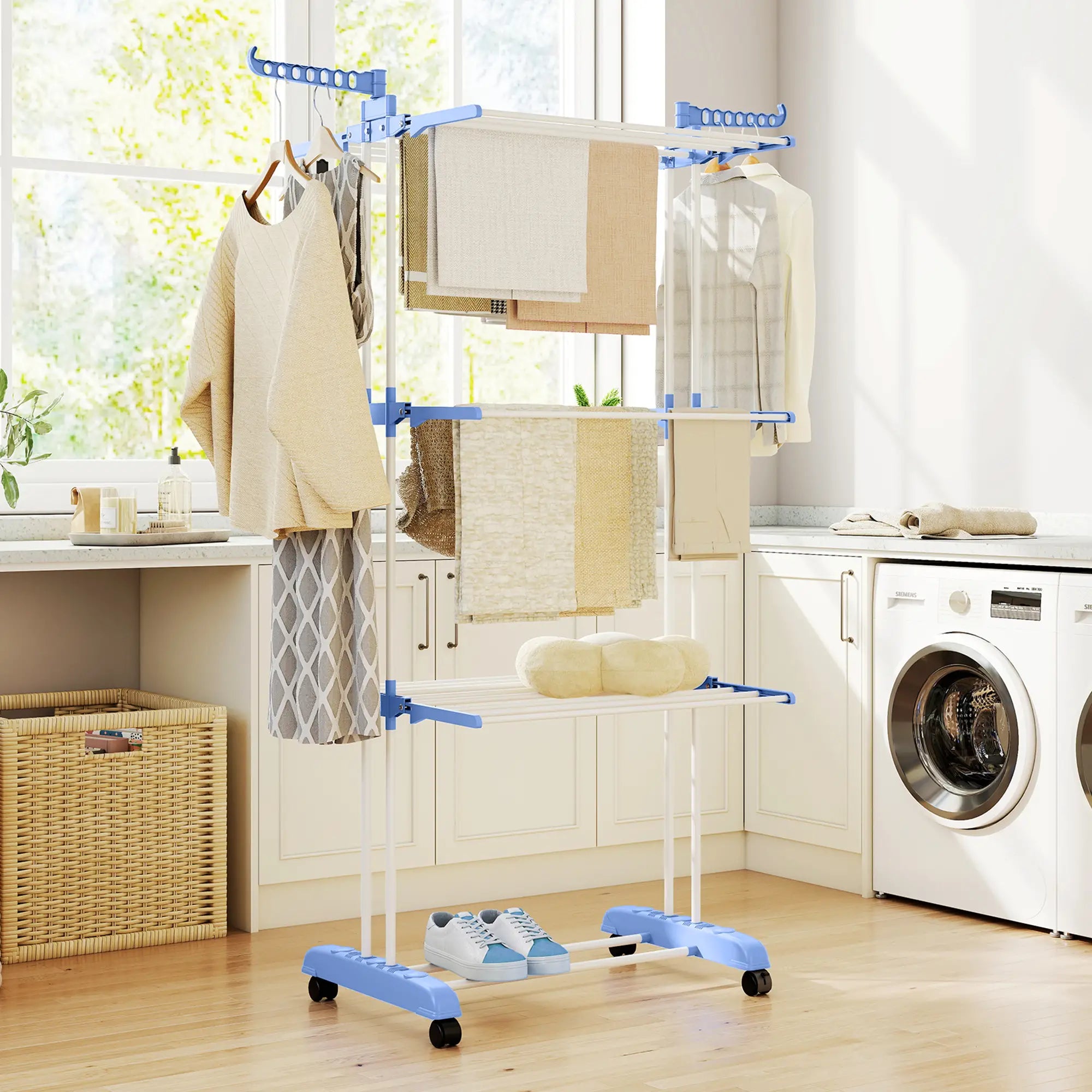 Foldable 4-Tier Steel Clothes Drying Rack, 2 Side Wings, 4 Castors, Indoor Outdoor, Blue Bath Accessories at Gallery Canada