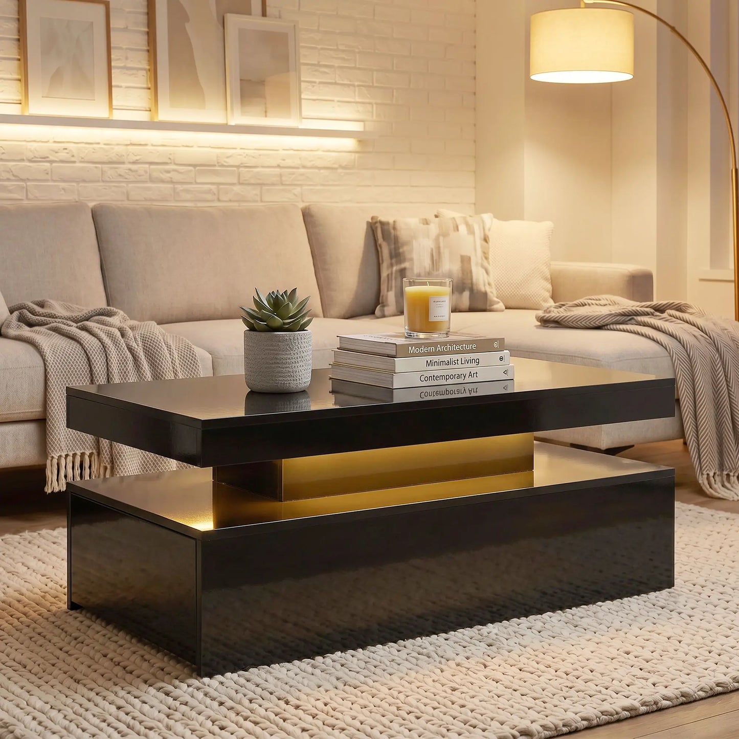 2-Tier LED Coffee Table With Storage, Black Coffee Tables at Gallery Canada