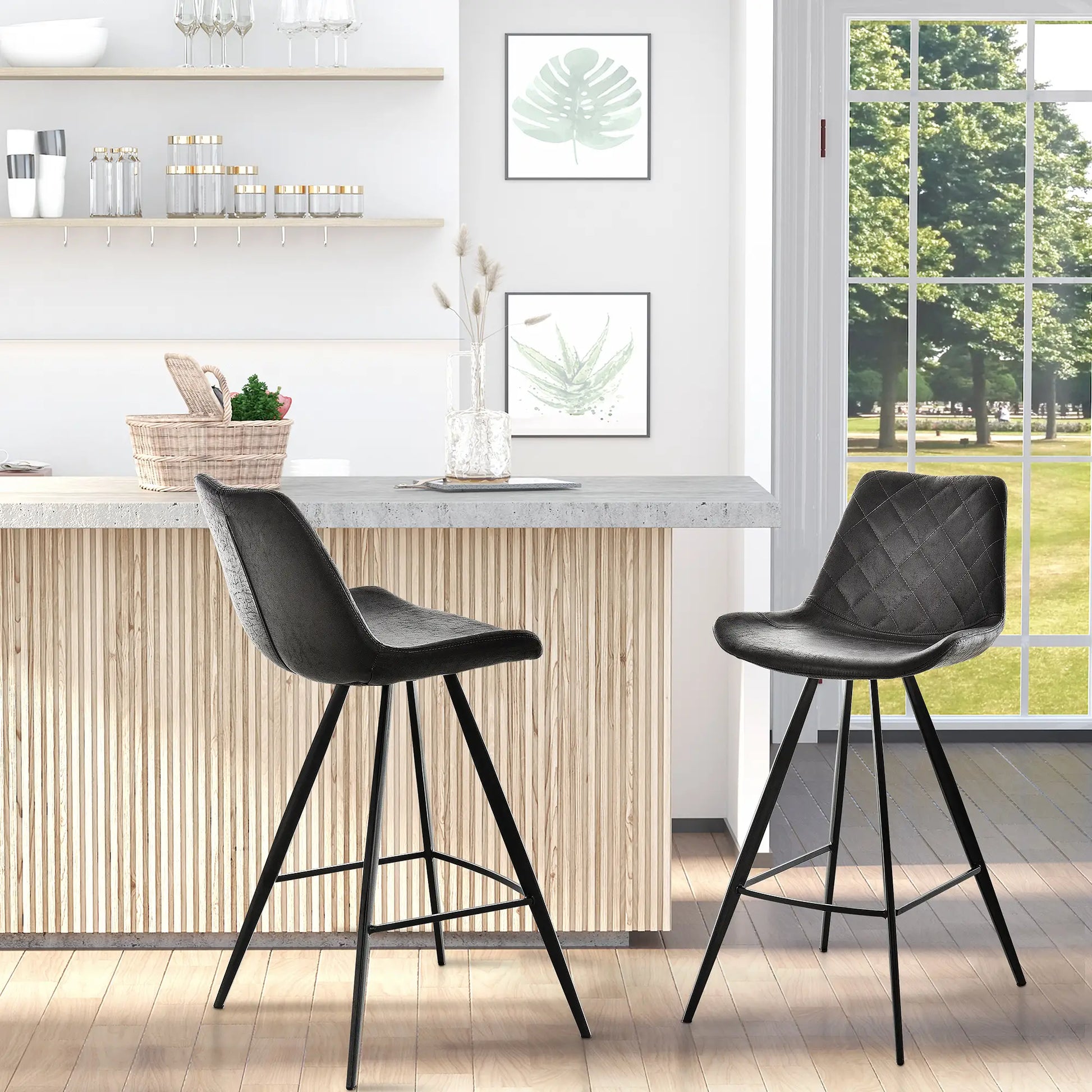 Set of 2 Microfiber Bar Stools, Kitchen Stools with Padded Seat, Black Bar Stools at Gallery Canada