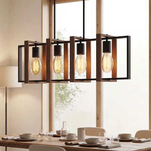 Farmhouse Kitchen Island Pendant Light, 4 Rotatable Frames, Walnut