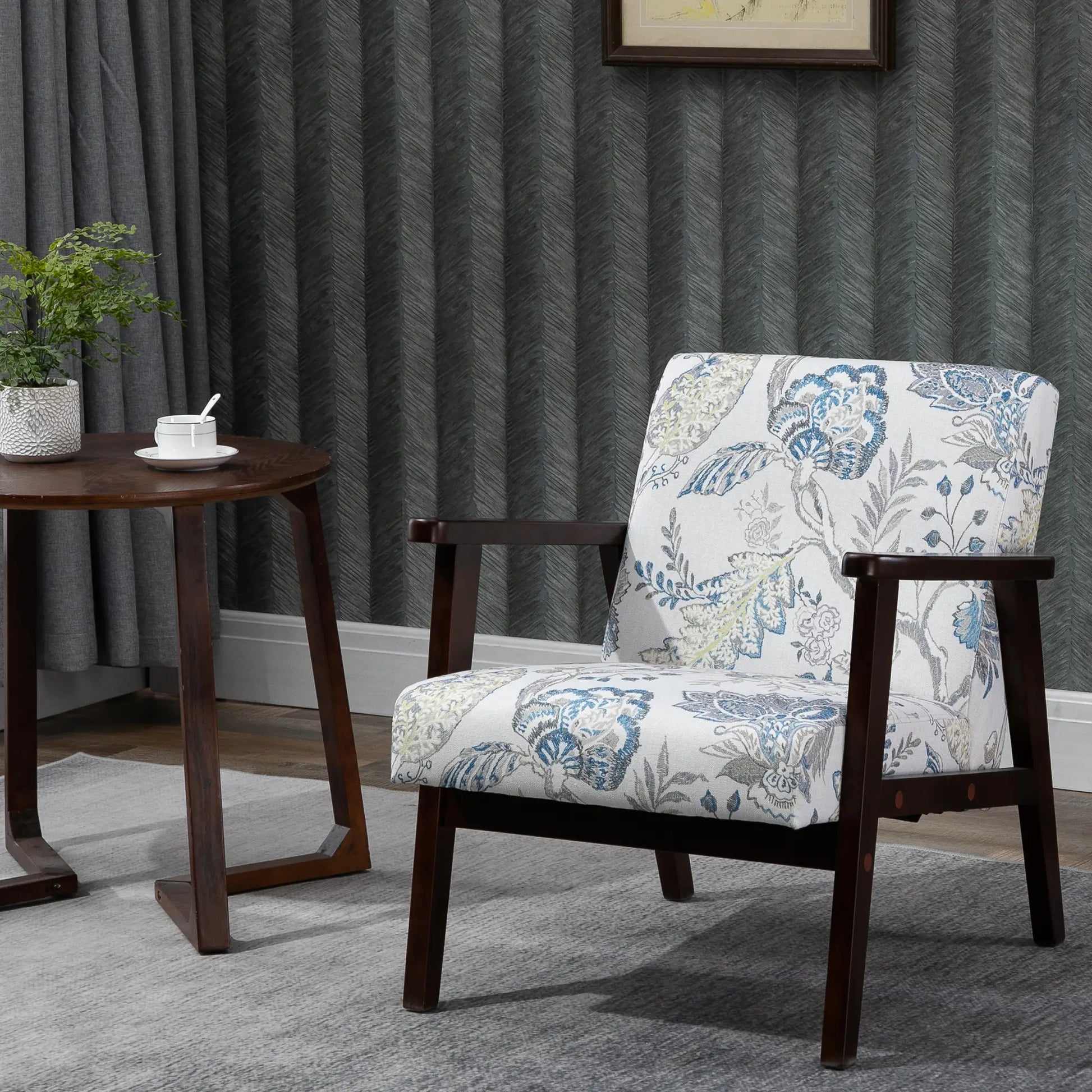 Mid-Century Modern Accent Chair, Retro Fabric Armchair, Wooden Arm, Floral Accent Chairs at Gallery Canada