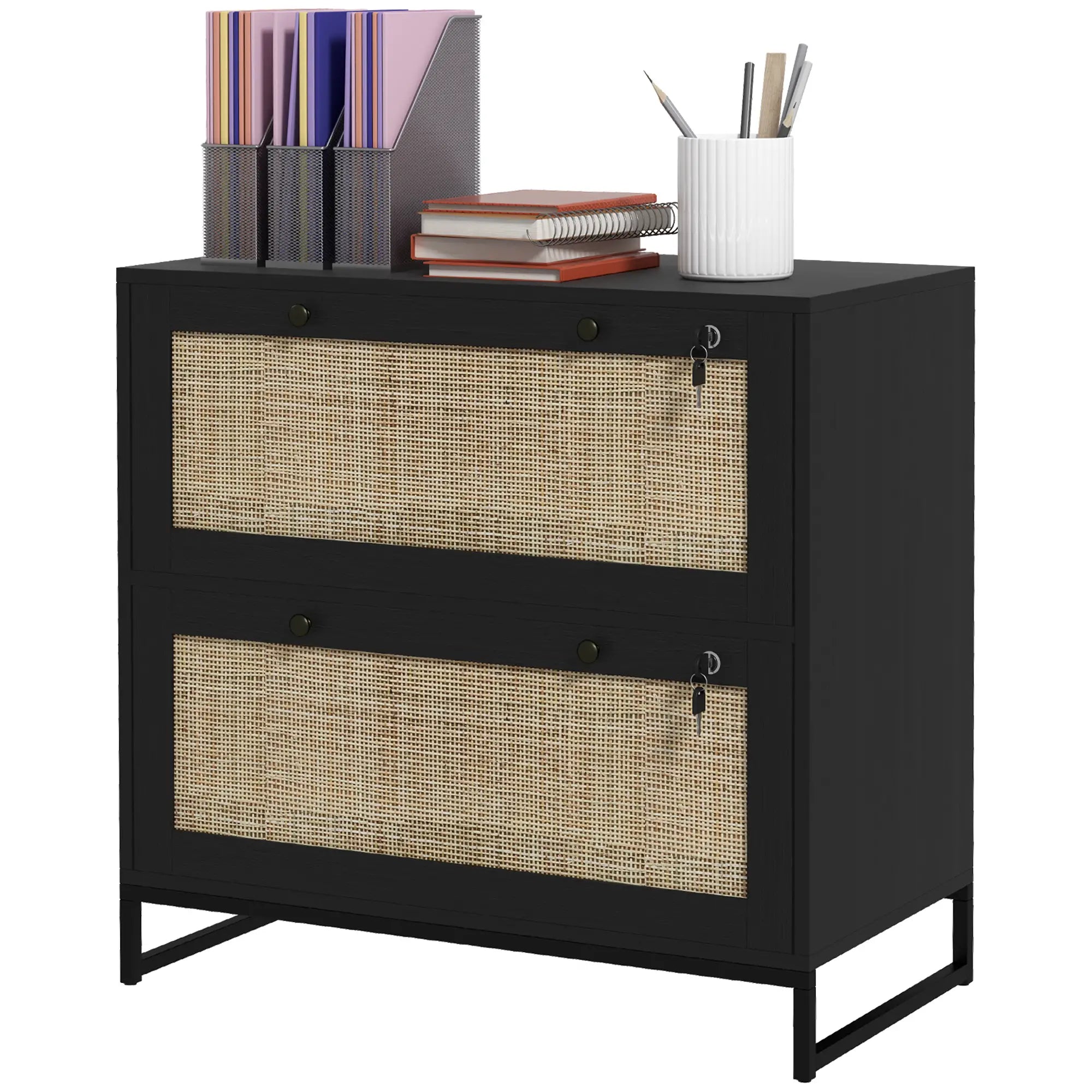 2-Drawer Filing Cabinet with Lock, Rattan, Adjustable Hanging Bar, Black Office Cabinets & Cupboards Black, Natural at Gallery Canada