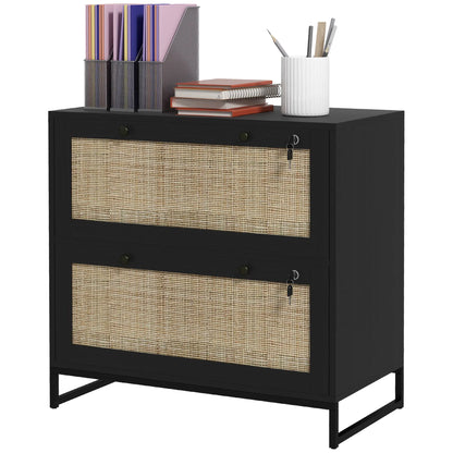2-Drawer Filing Cabinet with Lock, Rattan, Adjustable Hanging Bar, Black Office Cabinets & Cupboards Black, Natural at Gallery Canada