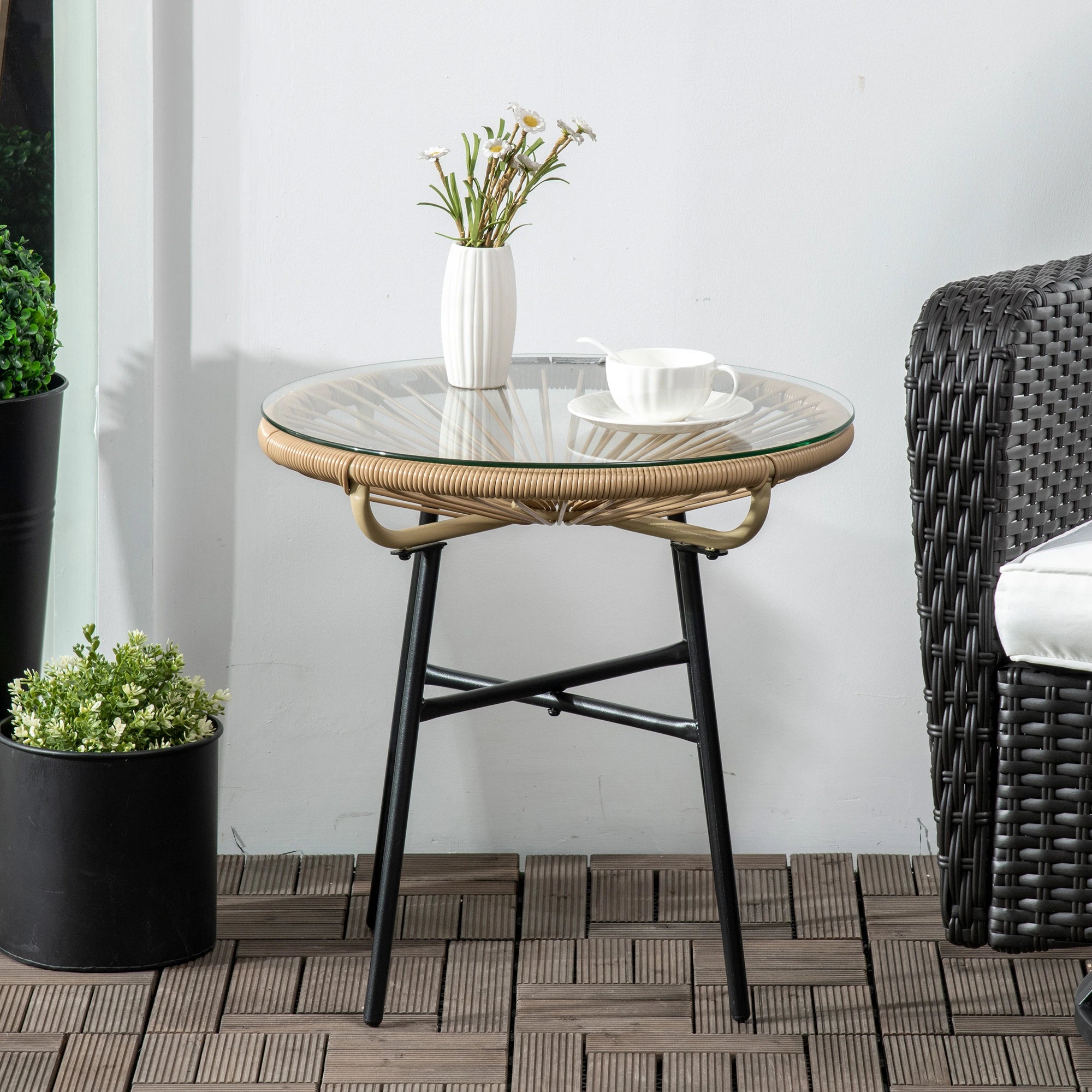 Round Rattan Side Table, Outdoor, PE Rattan, Tempered Glass Top, Beige Patio Side Tables at Gallery Canada