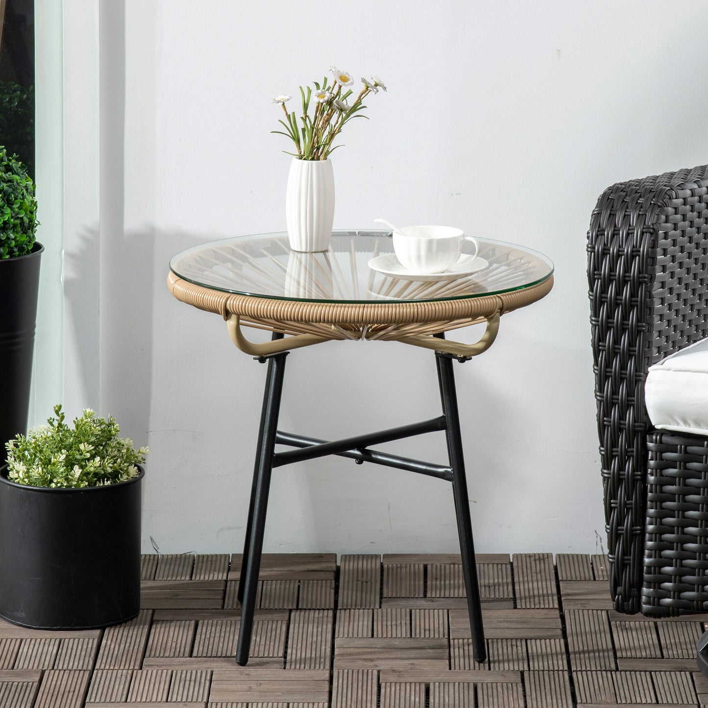 Round Rattan Side Table, Outdoor, PE Rattan, Tempered Glass Top, Beige Patio Side Tables at Gallery Canada