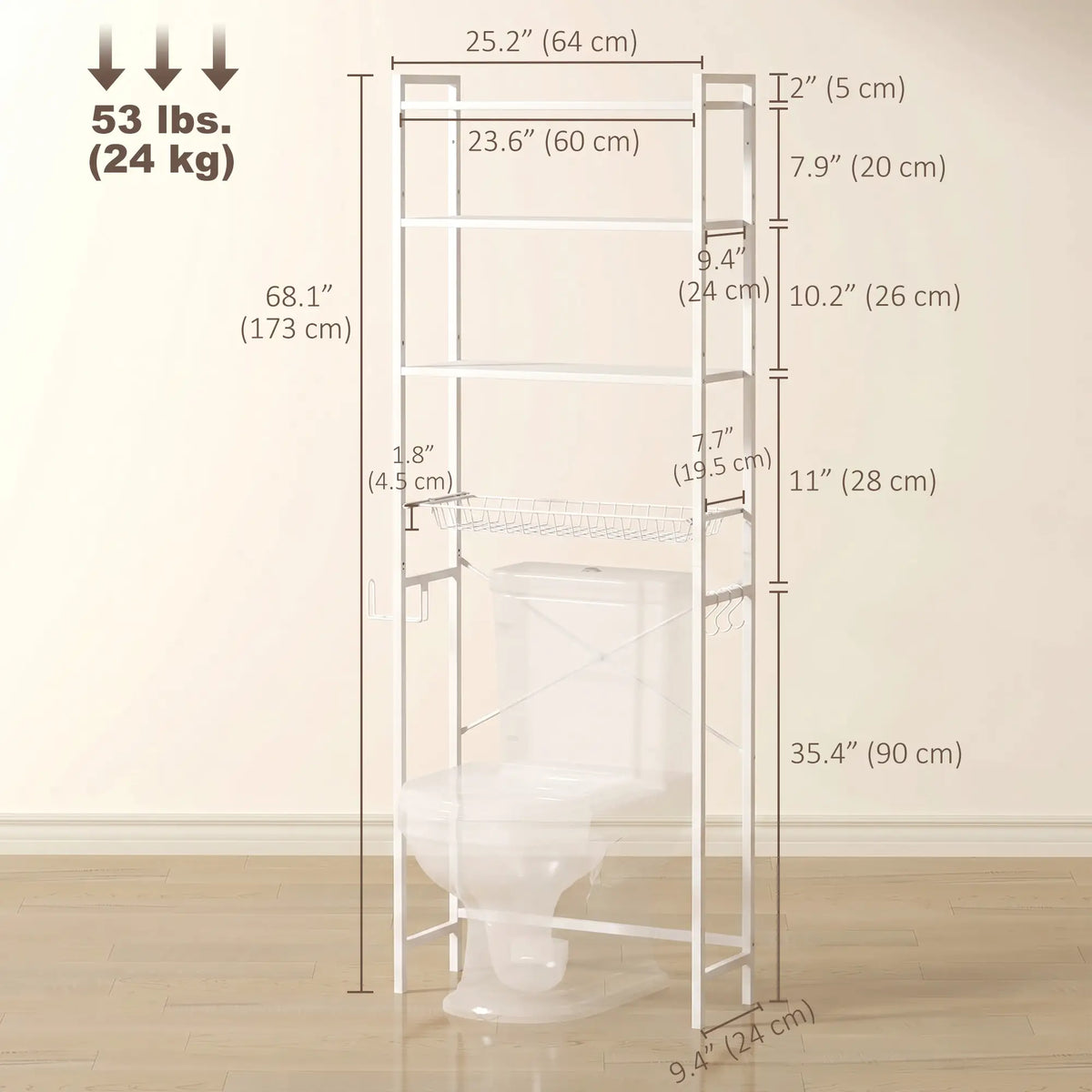 3-Tier Over-the-Toilet Storage Shelf, Adjustable Shelves, White