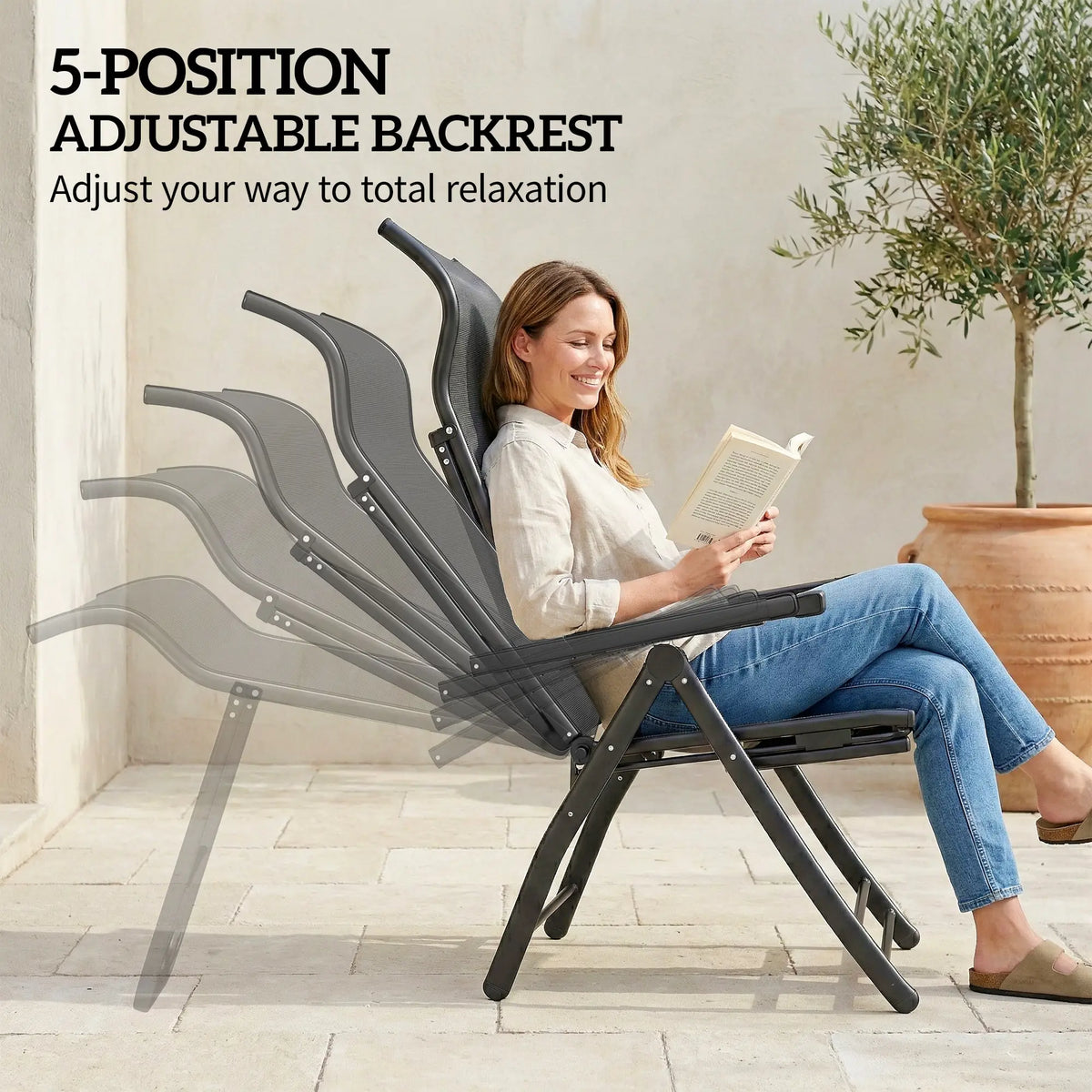 Folding Patio Chairs Set of 2, 5-Position Outdoor Lounge Chairs, Dark Grey Lounger Chairs at Gallery Canada