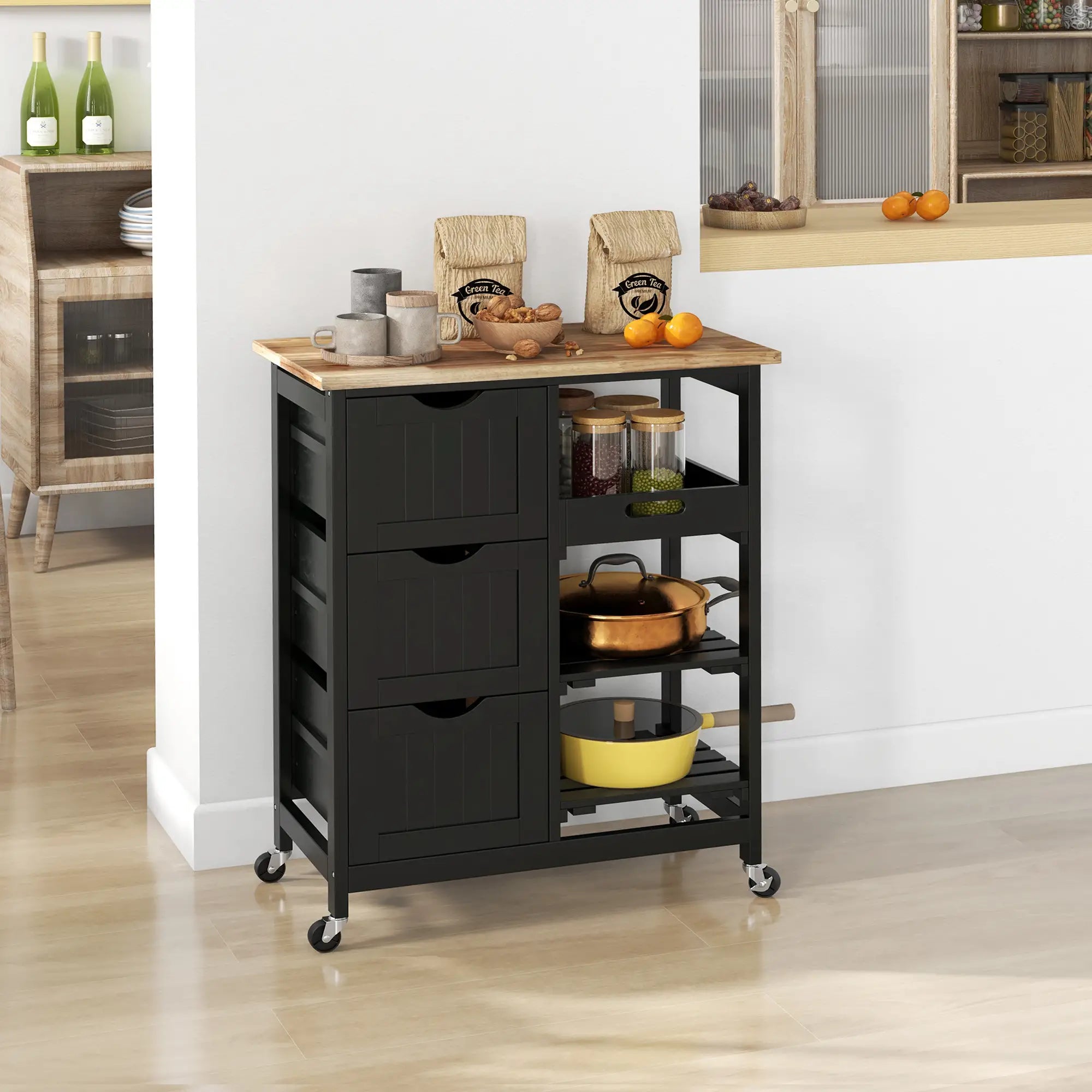 Kitchen Cart on Wheels, Wood Top, 3 Drawers, Shelves, Black Kitchen Islands & Kitchen Carts at Gallery Canada