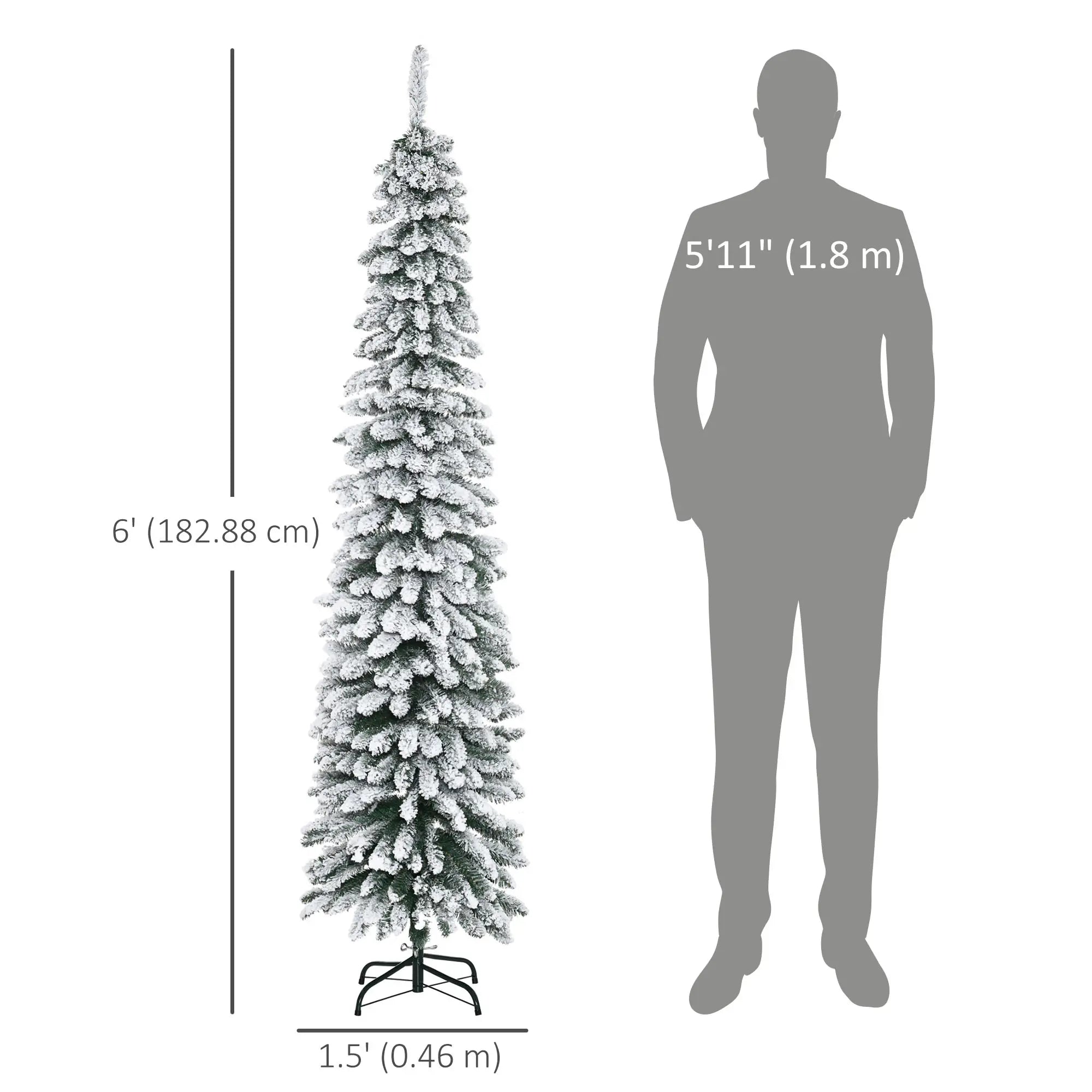 6 Ft Snow-Flocked Artificial Christmas Tree, Slim Pencil, Metal Base, Green Artificial Christmas Trees at Gallery Canada