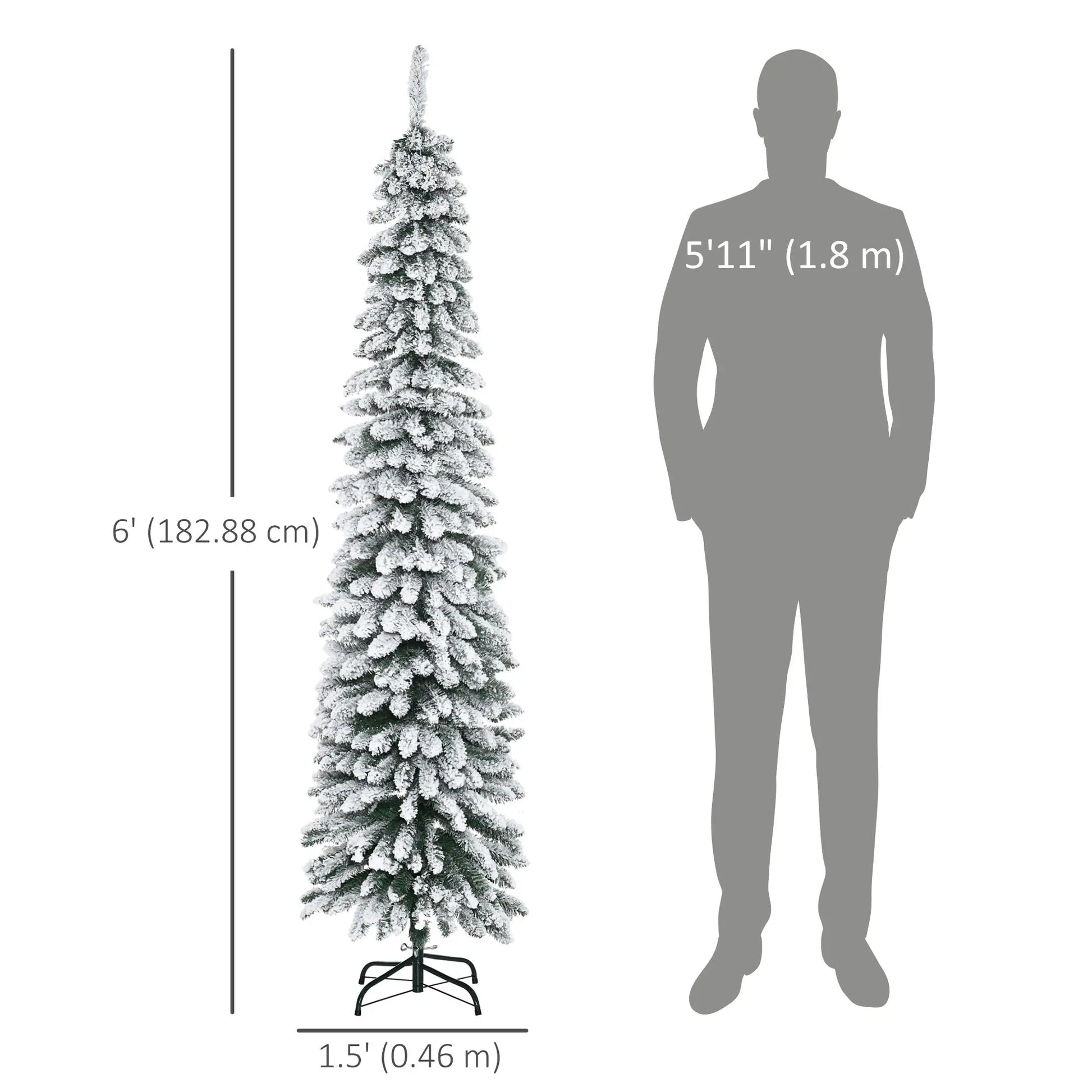 6 Ft Snow-Flocked Artificial Christmas Tree, Slim Pencil, Metal Base, Green Artificial Christmas Trees at Gallery Canada