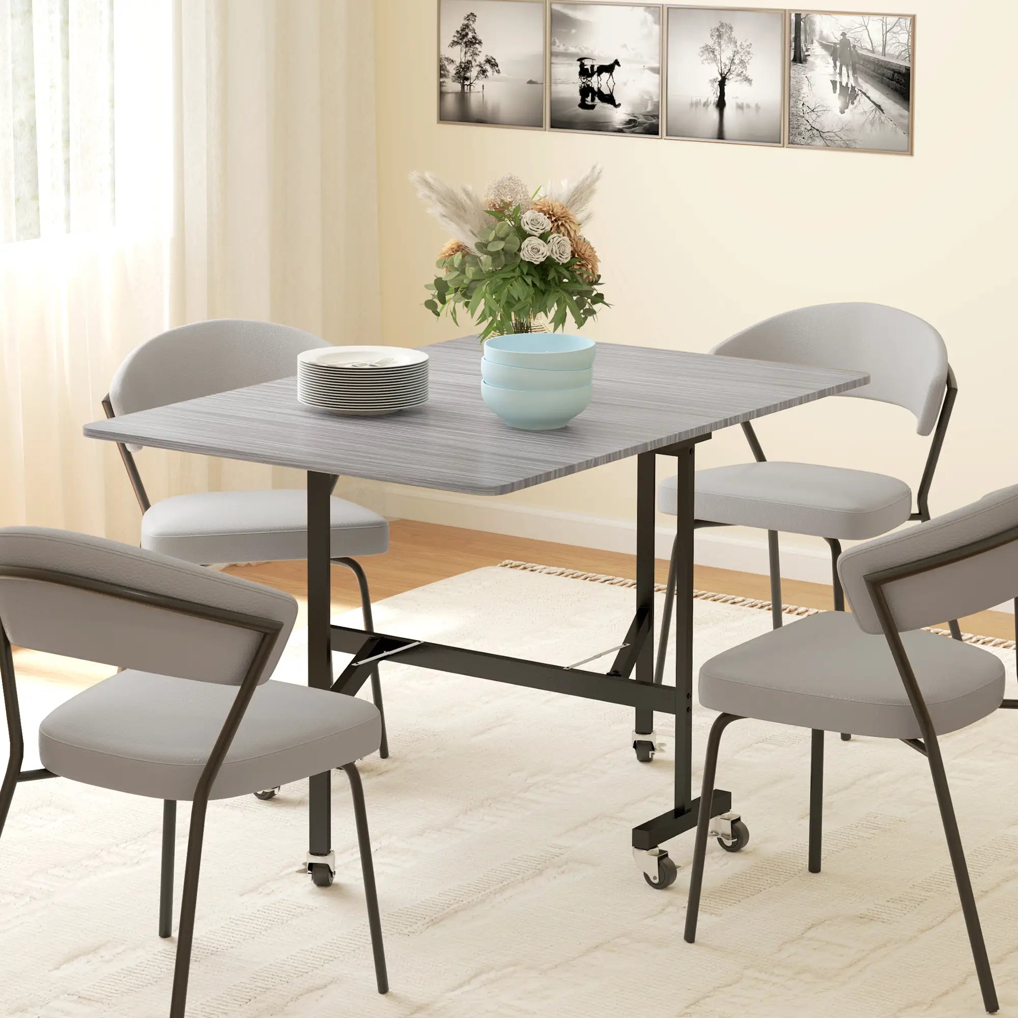 6-Seater Drop-Leaf Dining Table With Wheels, Grey, Grey Dining Tables at Gallery Canada
