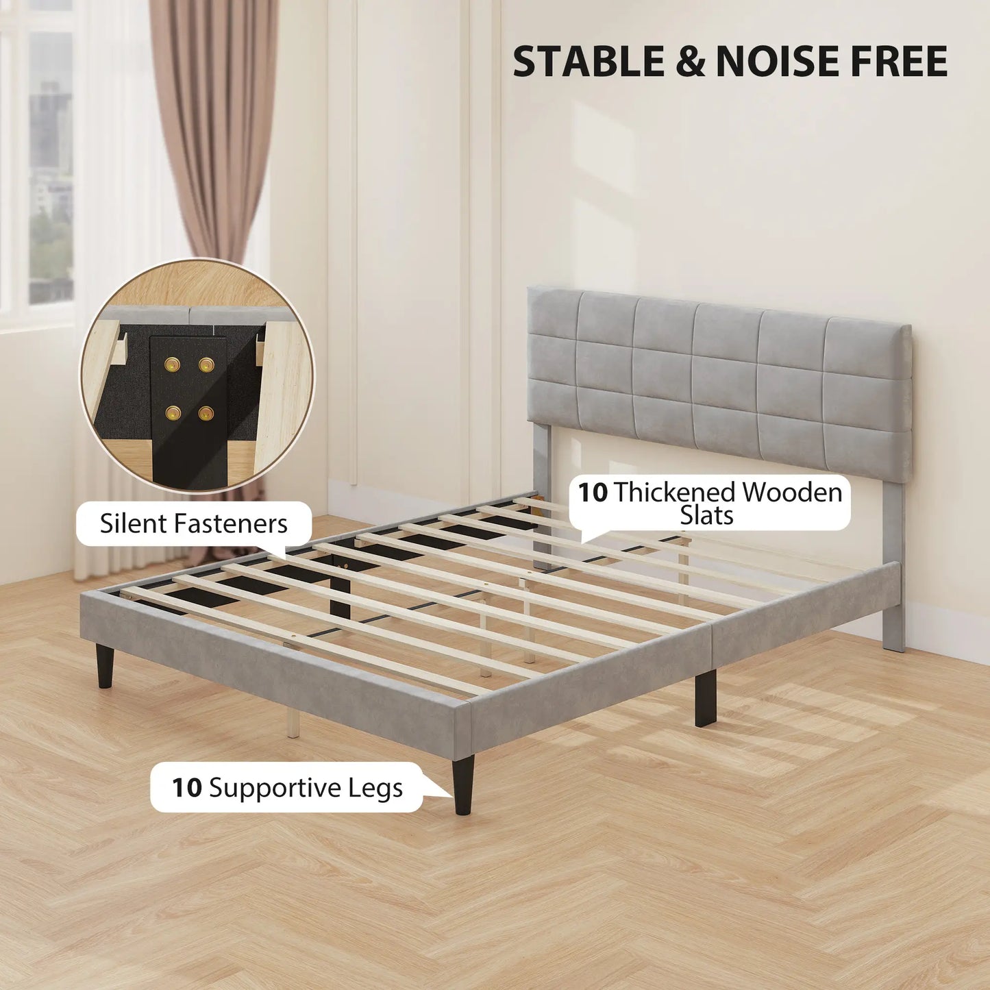 Queen Size Bed Frame, Upholstered Headboard, Wood Slats, 1100 lbs, Grey Bed Frames at Gallery Canada