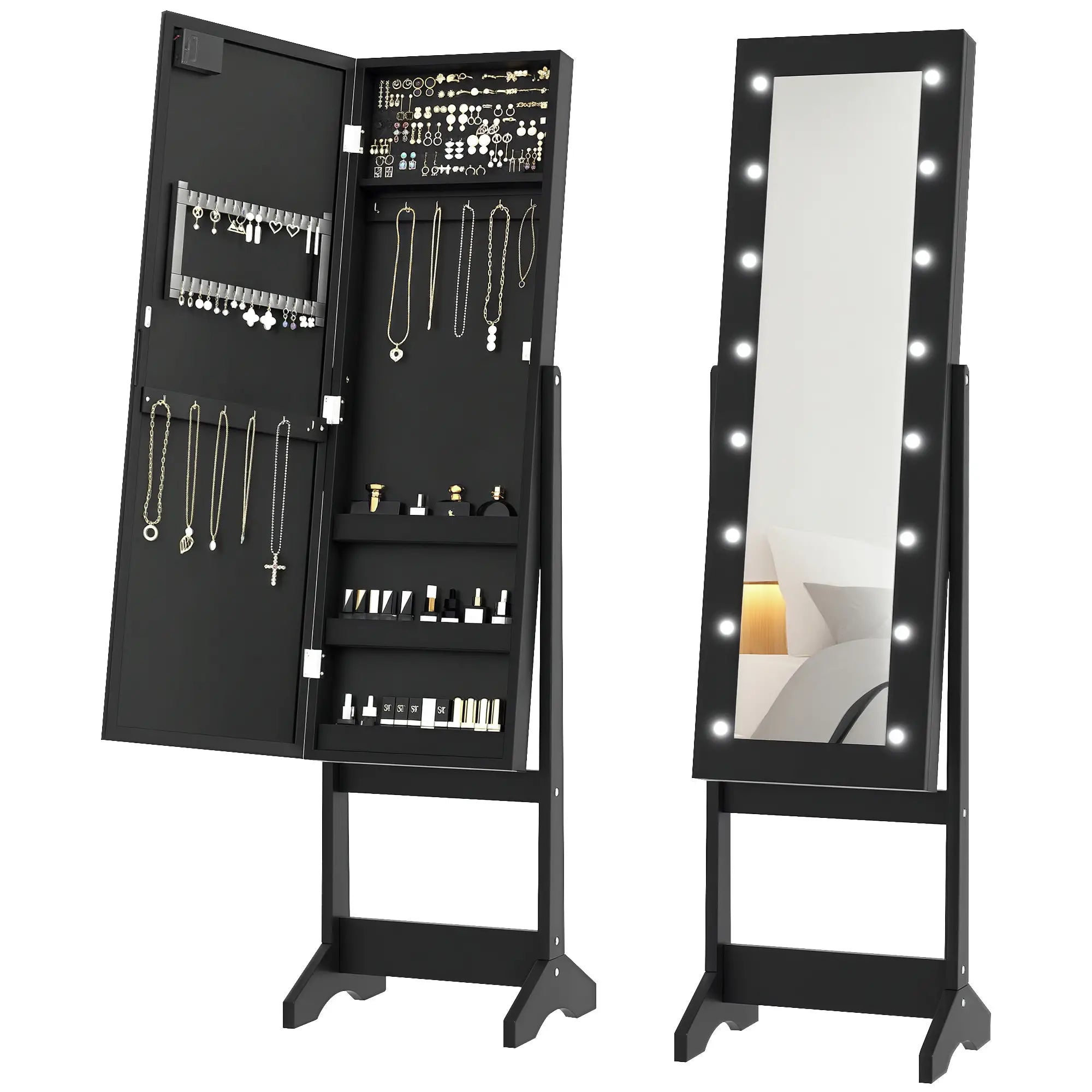 Free Standing Armoire Organizer, Lighted Mirrored Jewelry Cabinet, 16 LED Lights, Black Jewelry Armoire & Jewellery Mirror Cabinets at Gallery Canada