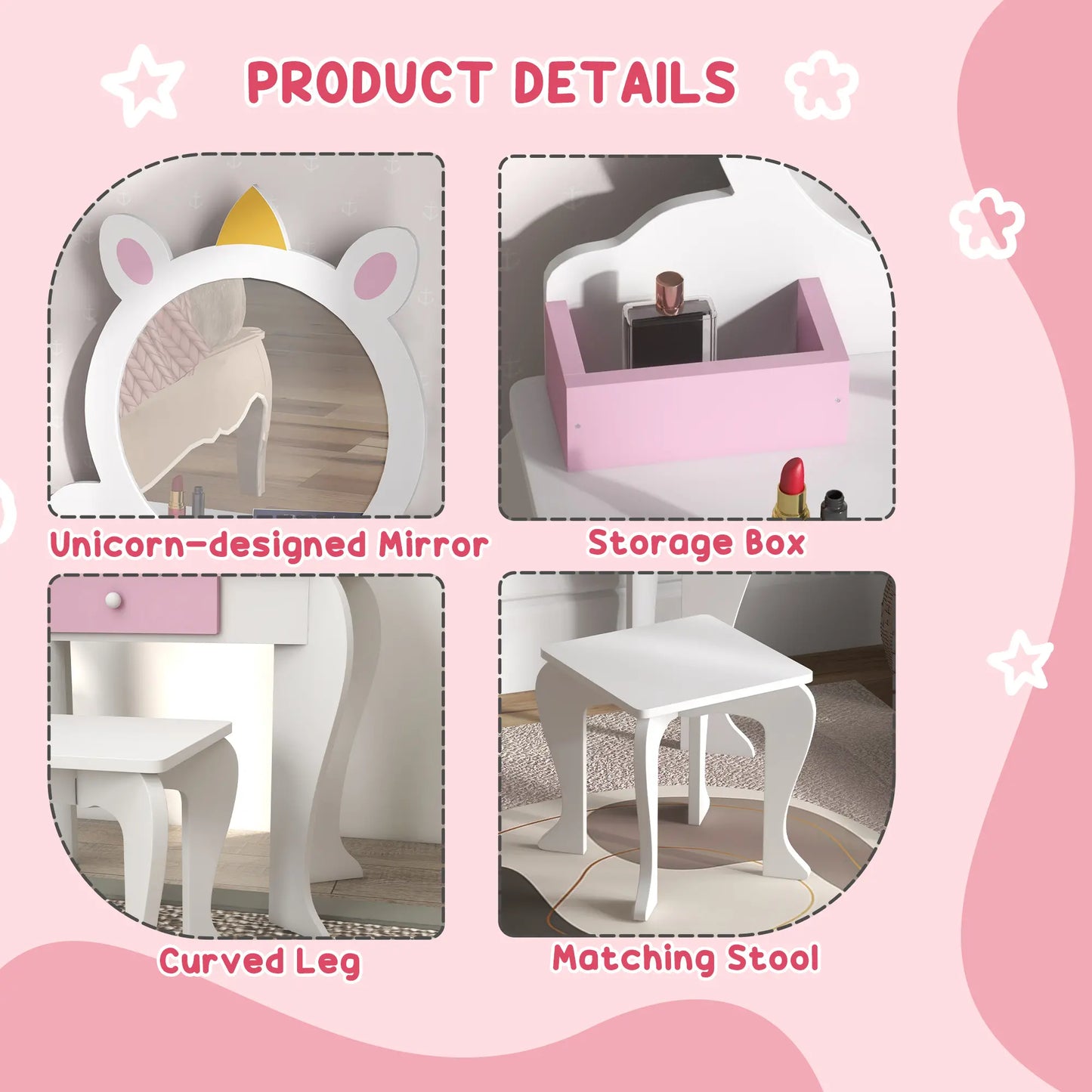 Kids Makeup Vanity Set with Stool, Mirror, Drawer, Unicorn Design, White Toy Vanity at Gallery Canada