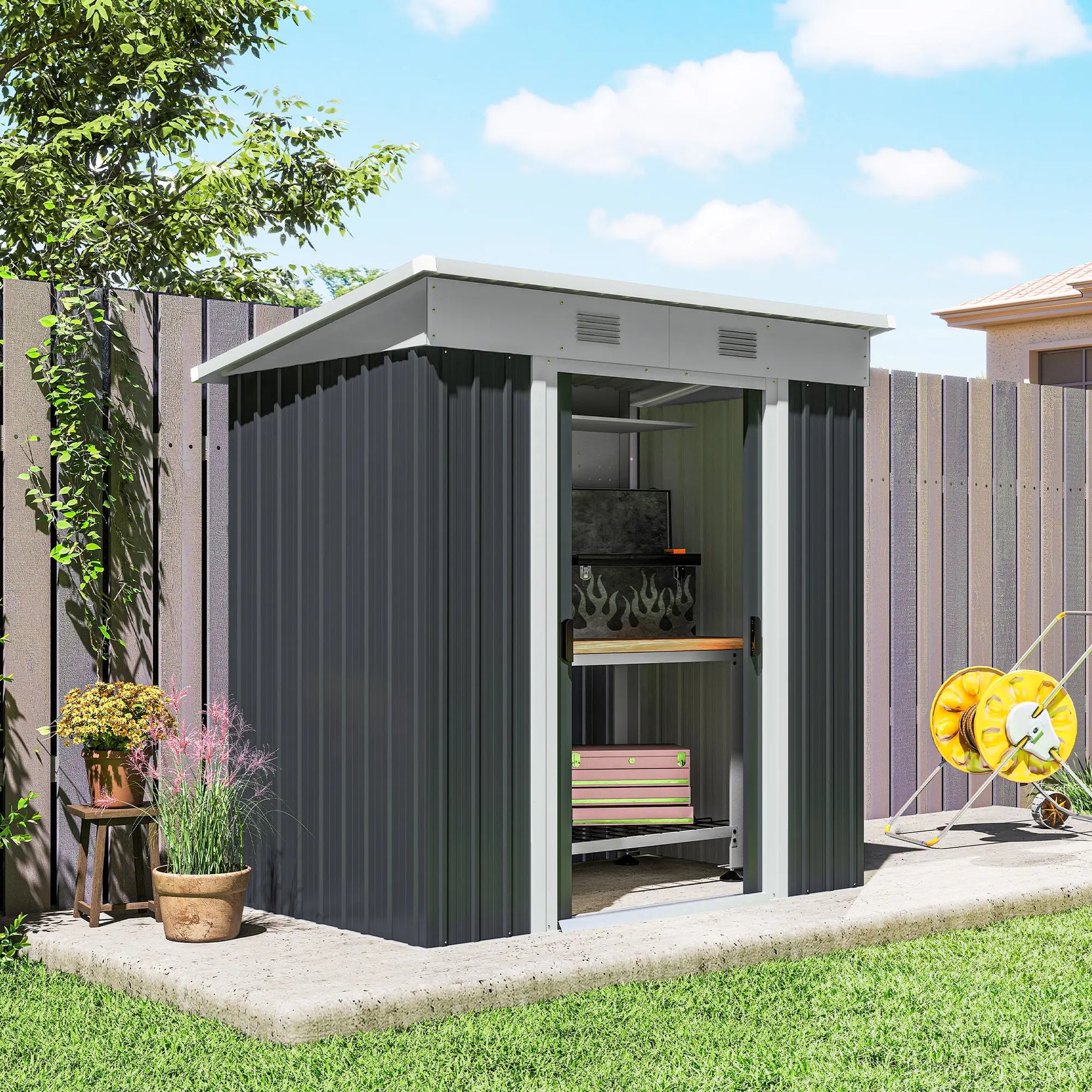 6' x 4' Metal Outdoor Storage Shed, Garden Tool Organizer, Charcoal Grey Sheds at Gallery Canada