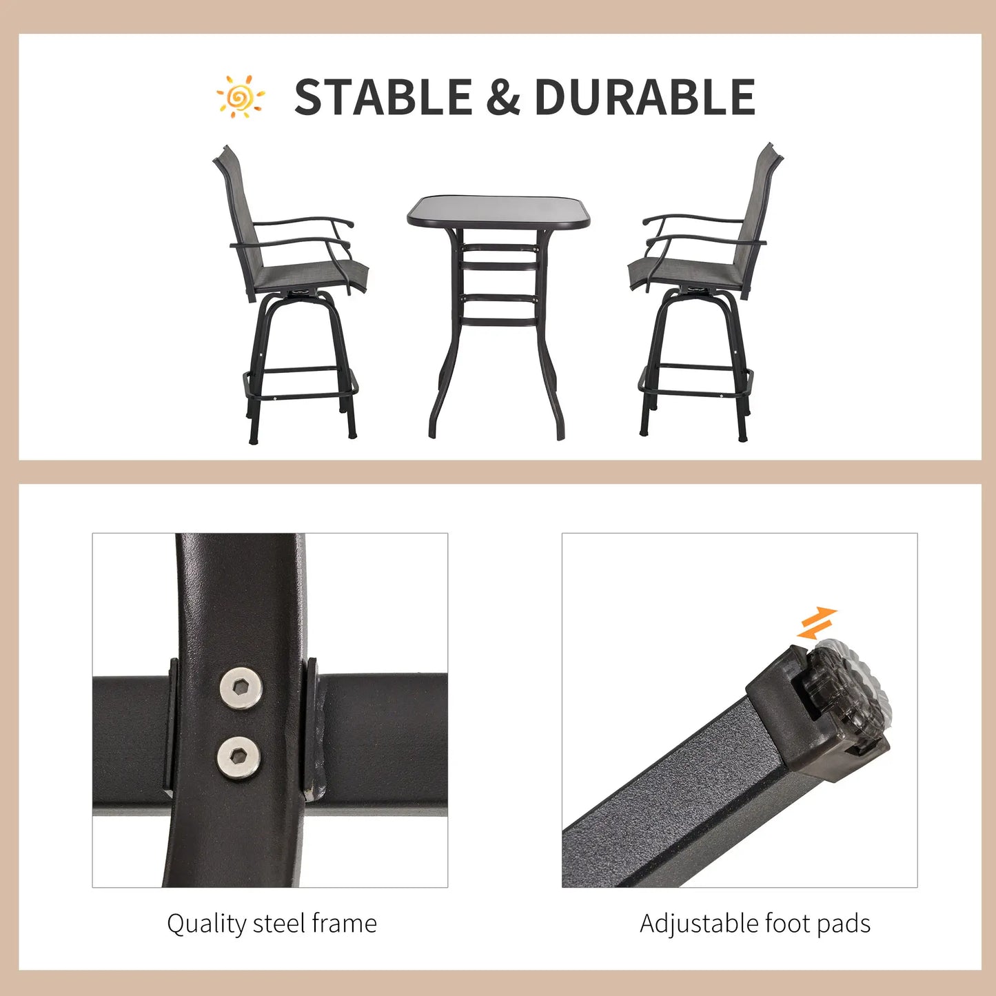 3 Piece Outdoor Patio Bar Set, 2 Swivel Stools, 1 Table, Grey Bistro Sets at Gallery Canada