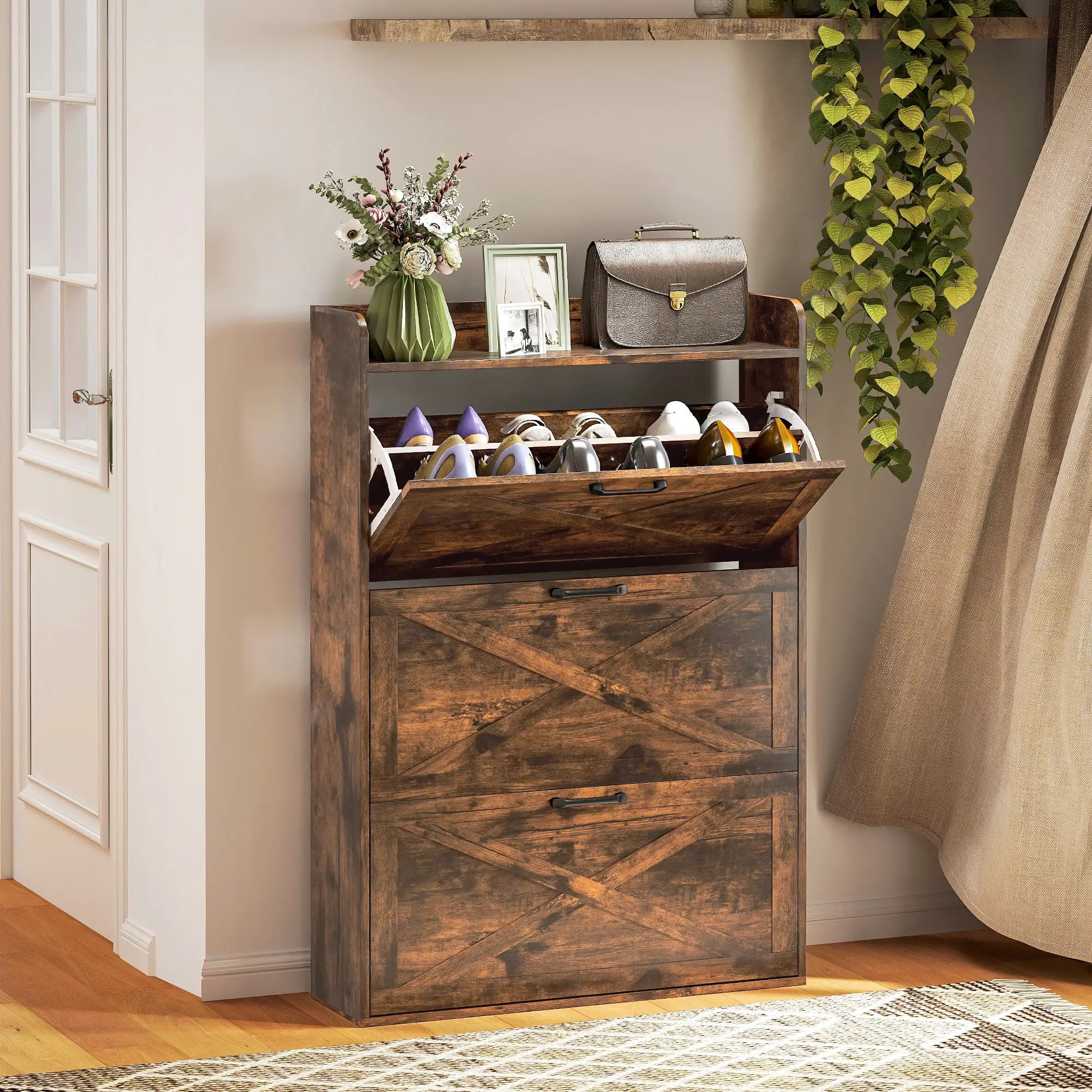 Narrow Shoe Storage Cabinet, 3 Flip Drawers, Adjustable Shelves, Rustic Brown Shoe Storage Cabinets & Racks at Gallery Canada