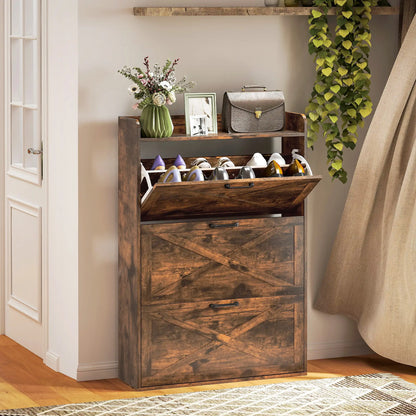 Narrow Shoe Storage Cabinet, 3 Flip Drawers, Adjustable Shelves, Rustic Brown Shoe Storage Cabinets & Racks at Gallery Canada