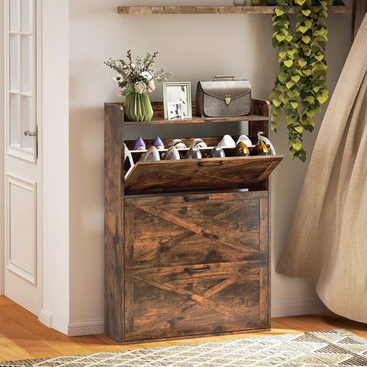 Narrow Shoe Storage Cabinet, 3 Flip Drawers, Adjustable Shelves, Rustic Brown Shoe Storage Cabinets & Racks Rustic Brown at Gallery Canada