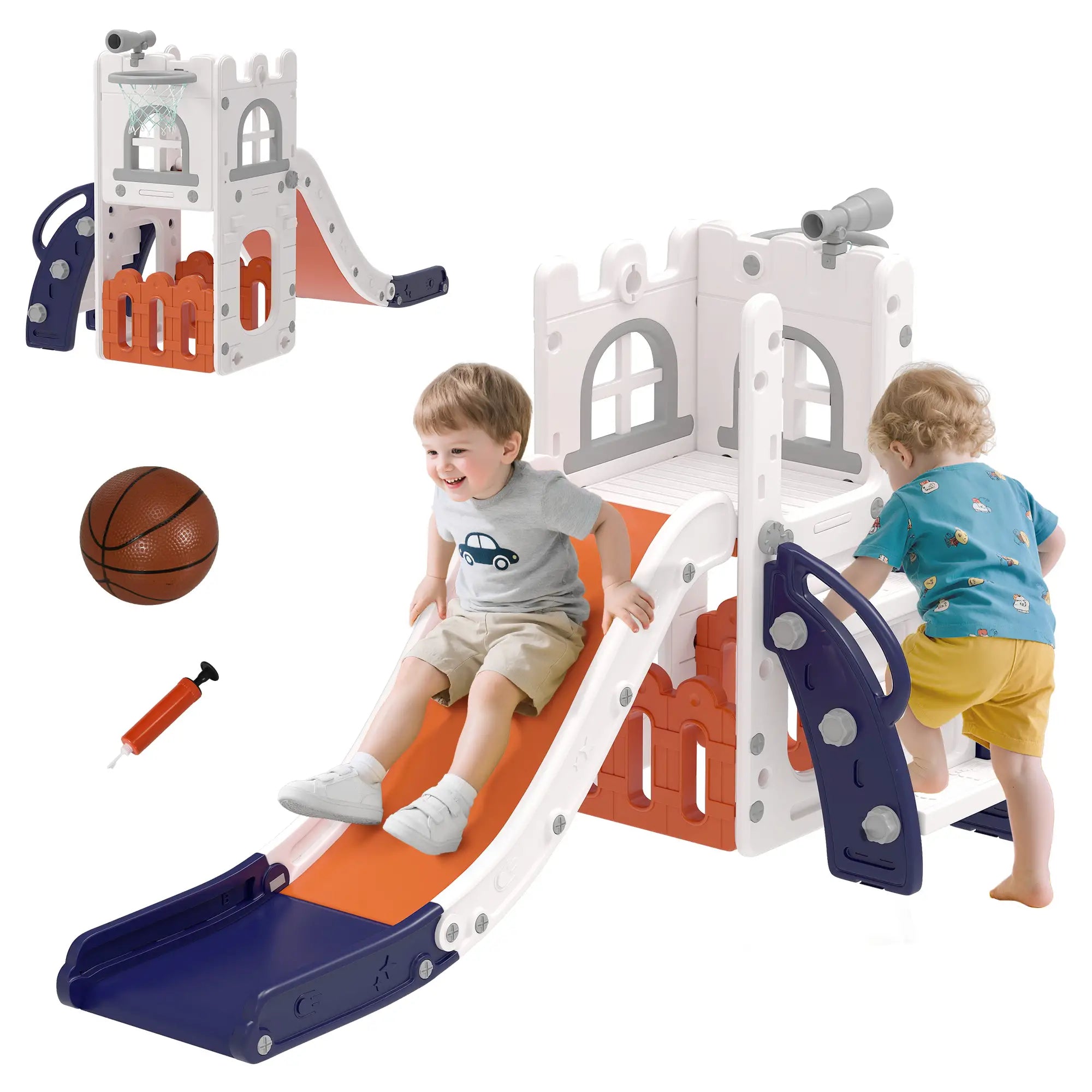 Toddler Slide With Basketball Hoop, Climber, Telescope, Storage Basket, For 1-3 Years, Orange Gym Sets & Swings at Gallery Canada