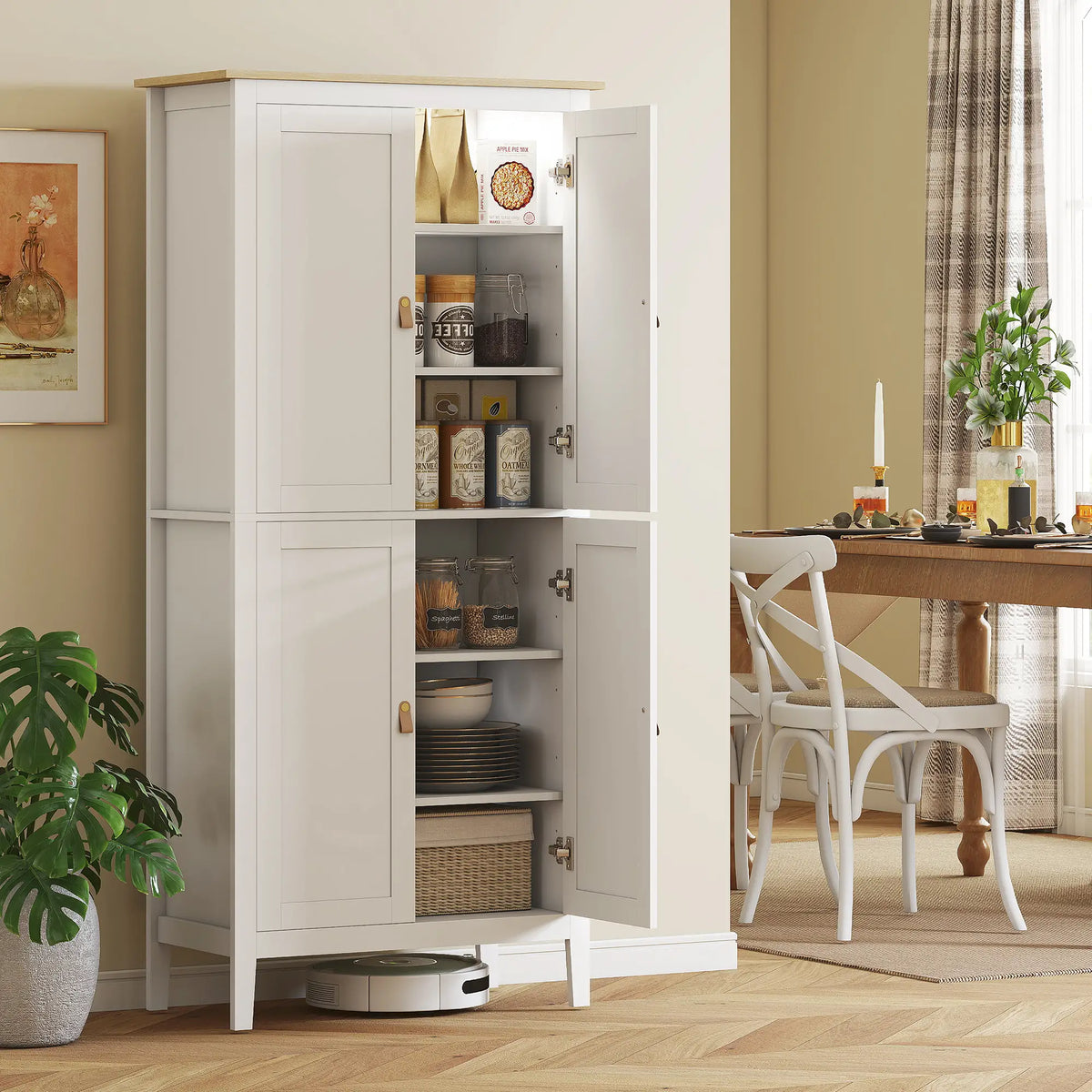 69.5" Tall Kitchen Pantry Cabinet, Motion Sensor LED Light, White Kitchen Pantry Cabinets at Gallery Canada