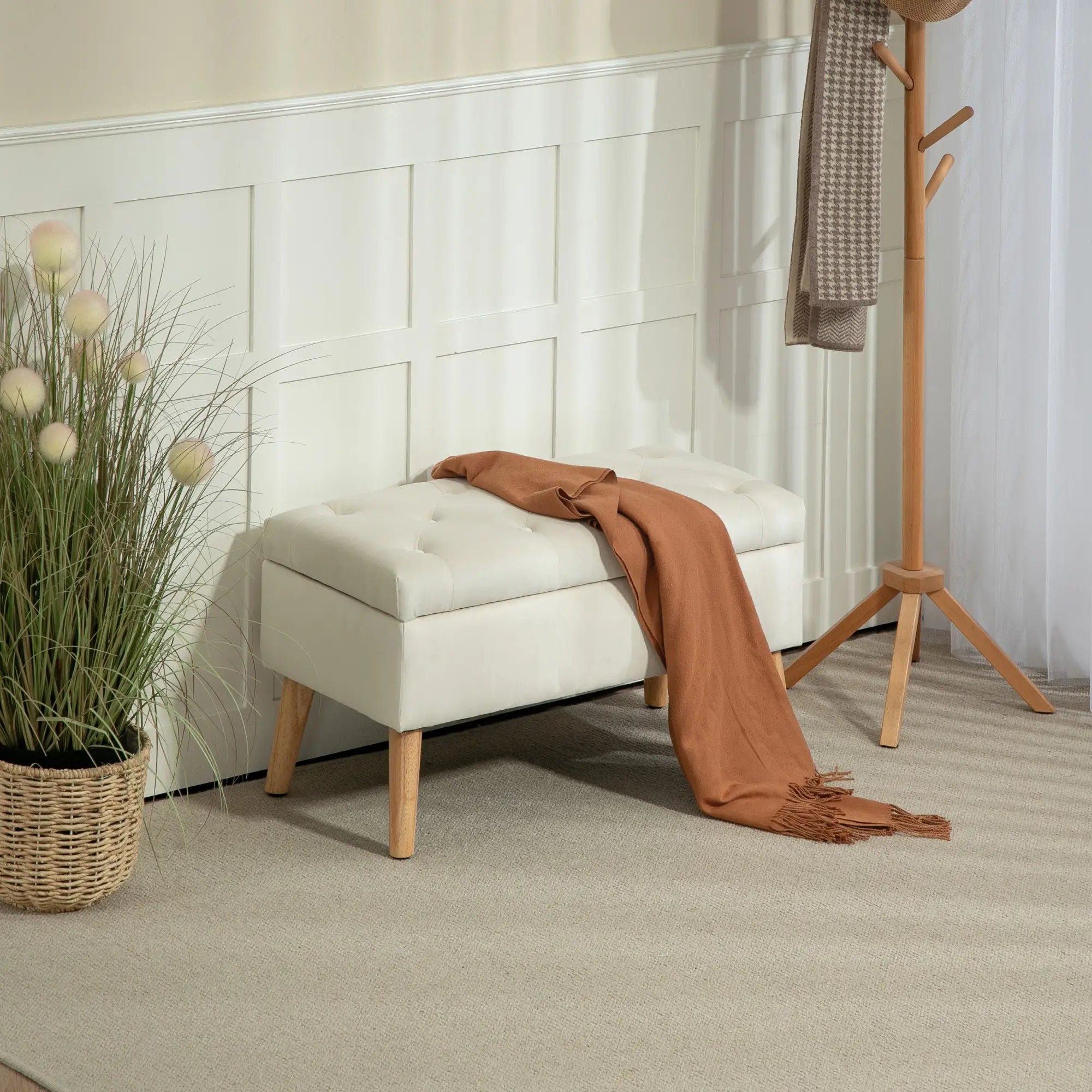 Velvet Storage Ottoman with Lid, Wood Legs, Cream White Storage Ottomans & Benches at Gallery Canada