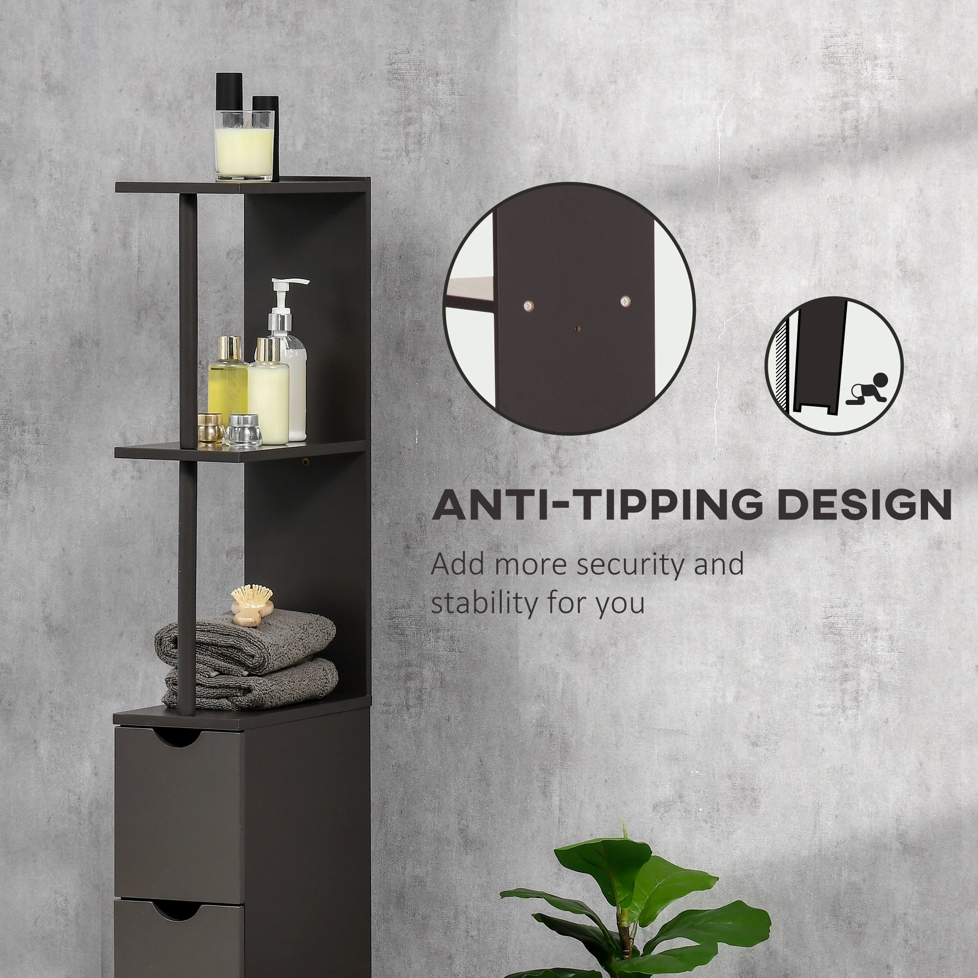 Tall Narrow Bathroom Storage Cabinet with Drawers, Open Shelves, Brown Bathroom Cabinets at Gallery Canada