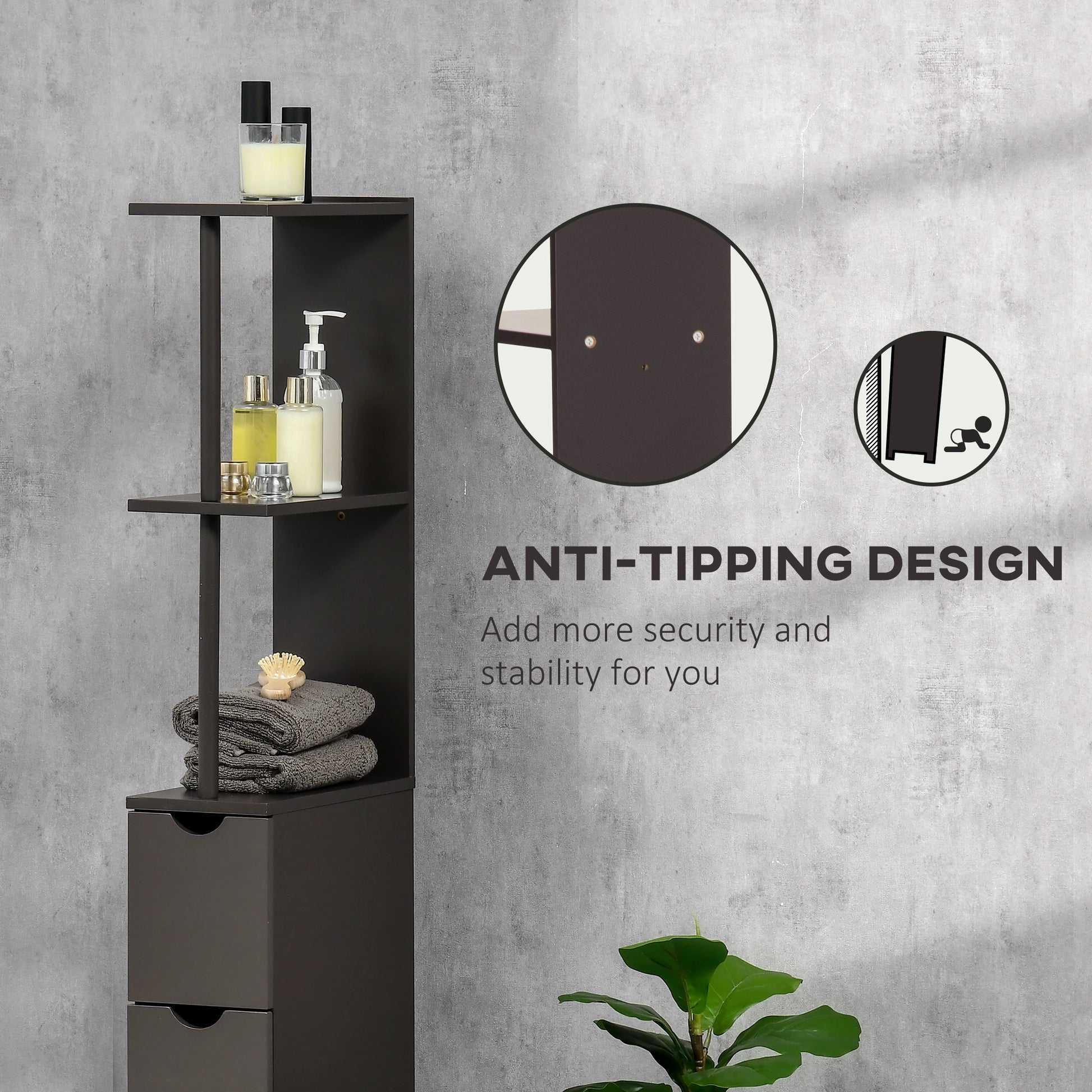 Tall Narrow Bathroom Storage Cabinet with Drawers, Open Shelves, Brown Bathroom Cabinets at Gallery Canada