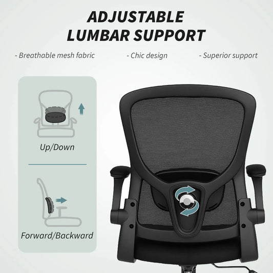 Ergonomic Mesh Office Chair, 4D Lumbar Support, Flip-Up Armrests, Tilt, Black Task Chairs Black at Gallery Canada