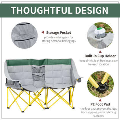 62" W Double Seat Camping Chair, Folding Lawn Loveseat, Storage Pocket, Cup Holder, Green Picnic Tables & Camping Chairs at Gallery Canada