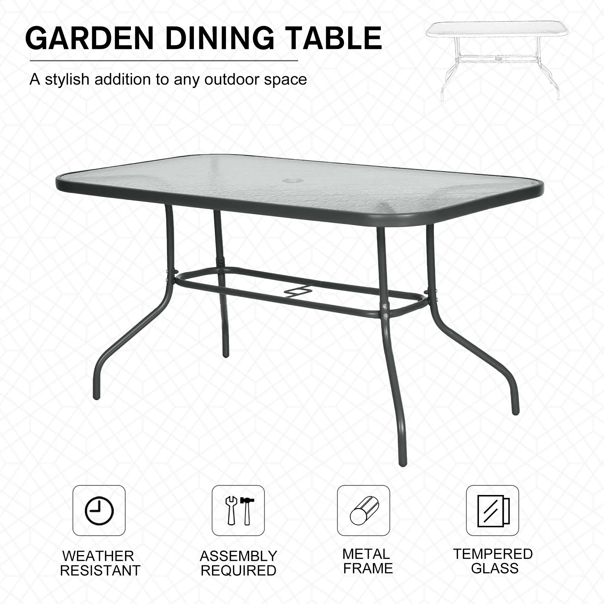 Metal Garden Dining Table, Outdoor Patio Table, Tempered Glass Top, 55