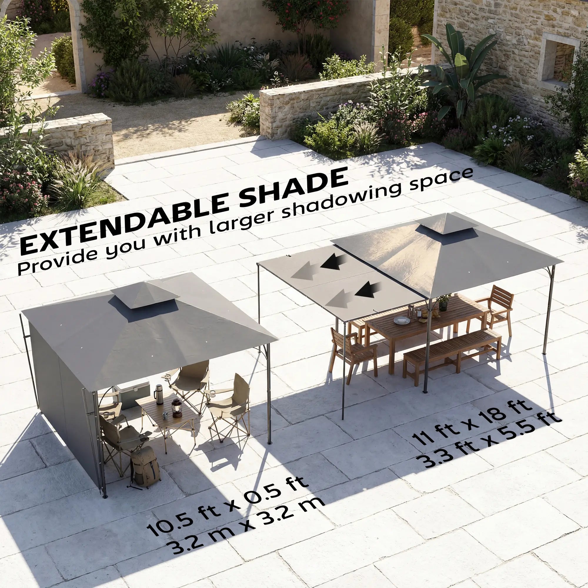 Patio Gazebo With Double Roof, Extendable Shade, 126