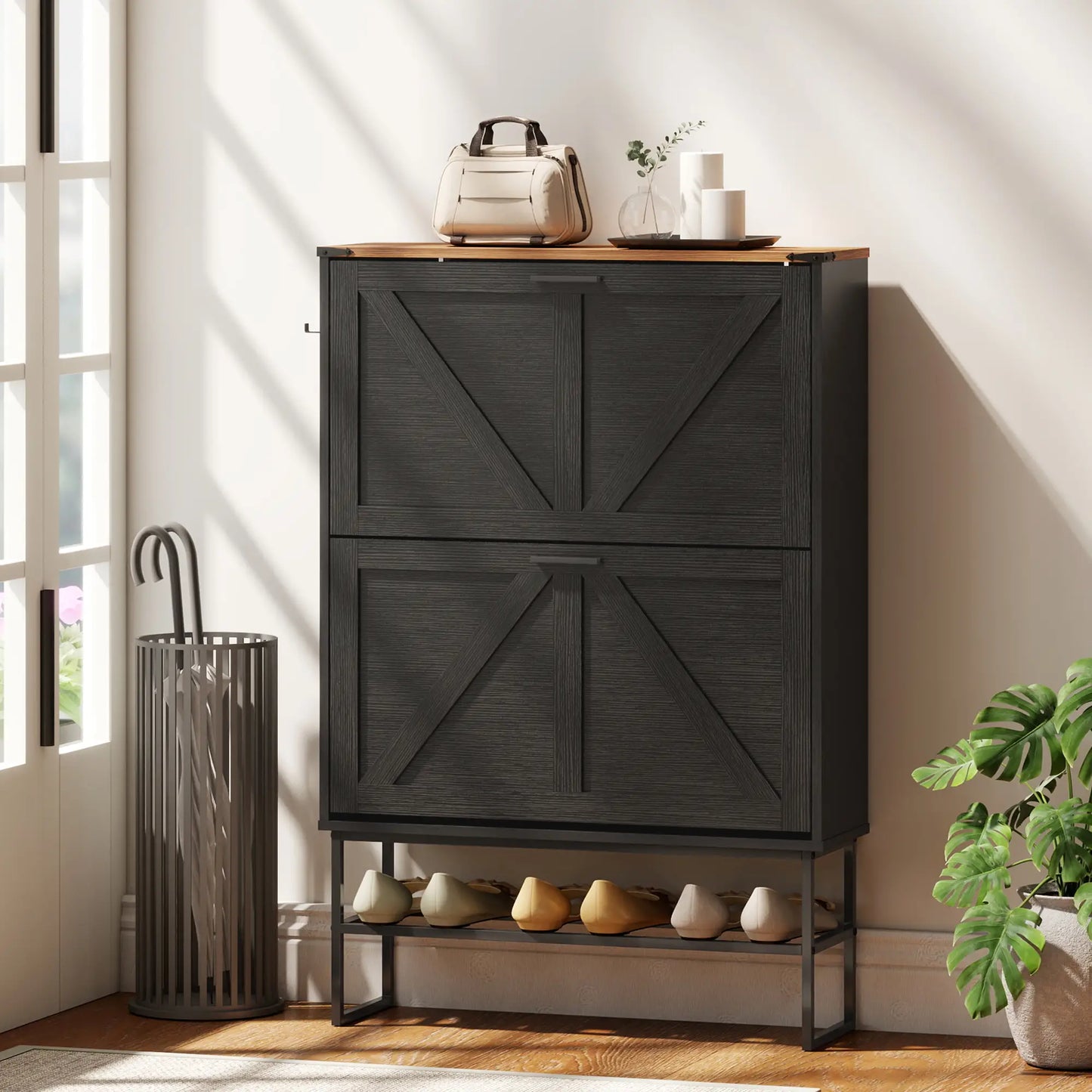 Narrow Shoe Storage Cabinet with 2 Flip Drawers, Black Shoe Storage Cabinets & Racks at Gallery Canada